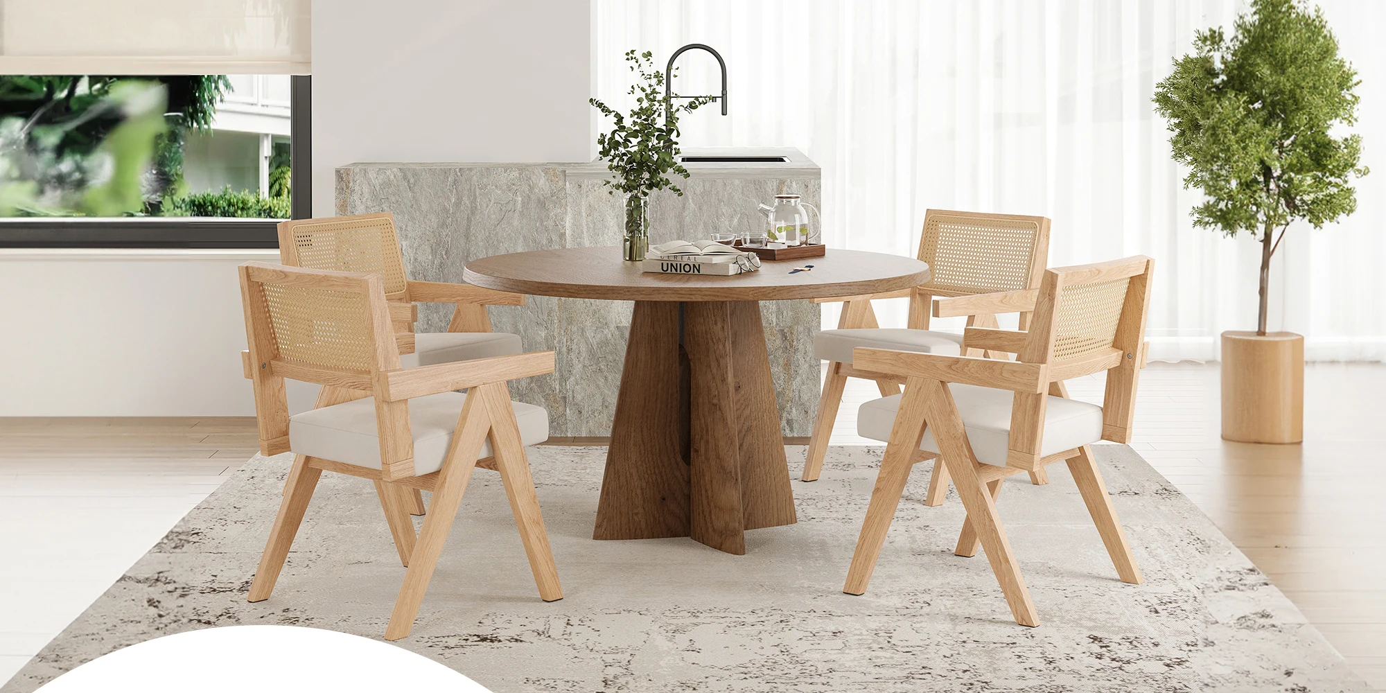 Set of 2 Mid-Century Rattan Dining Chair, Solid Ash Wood Frame, Woven Rattan Back, High-Resilience Foam, Non-Slip Pads