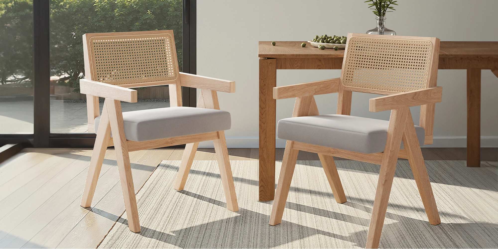 Set of 2 Mid-Century Rattan Dining Chair, Solid Ash Wood Frame, Woven Rattan Back, High-Resilience Foam, Non-Slip Pads