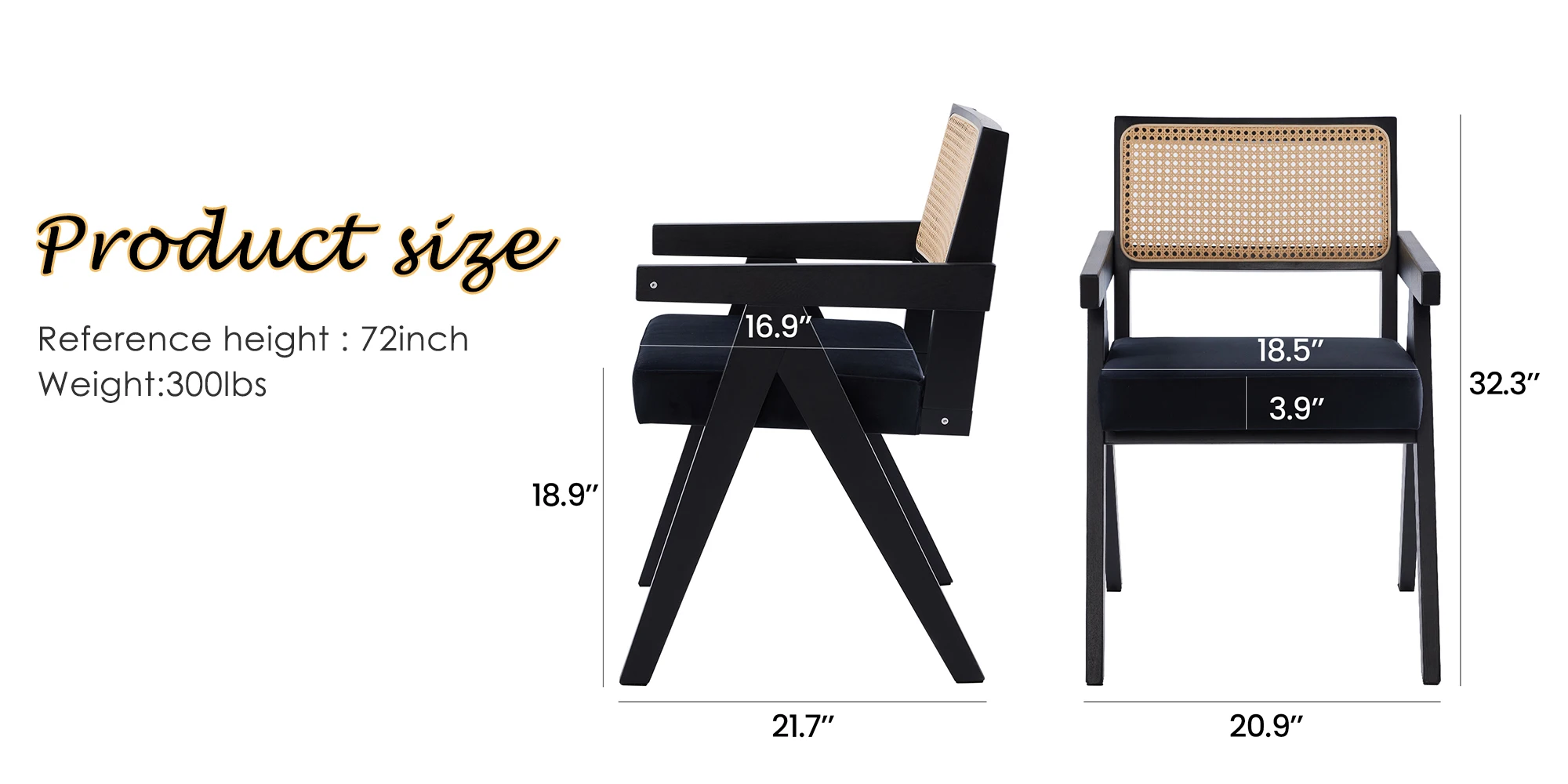 Set of 2 Mid-Century Rattan Dining Chair, Solid Ash Wood Frame, Woven Rattan Back, High-Resilience Foam, Non-Slip Pads