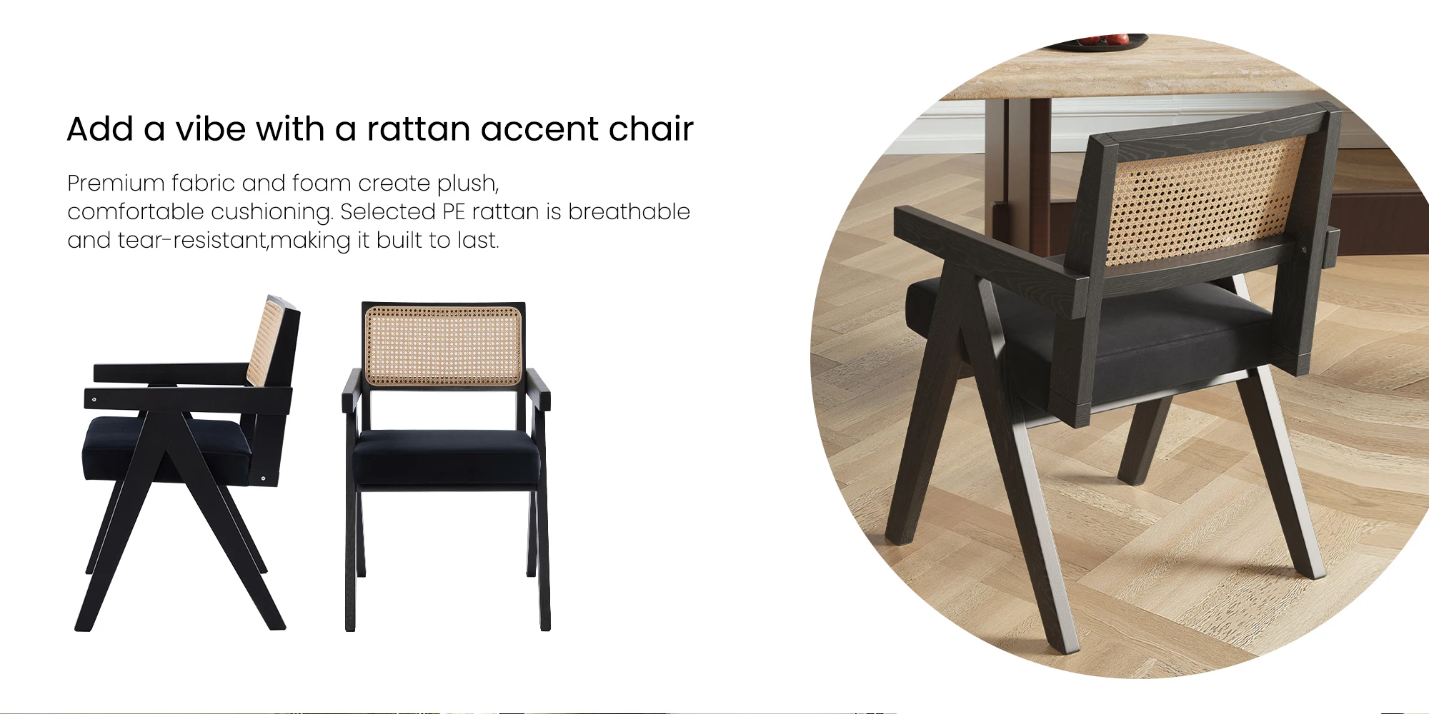 Set of 2 Mid-Century Rattan Dining Chair, Solid Ash Wood Frame, Woven Rattan Back, High-Resilience Foam, Non-Slip Pads