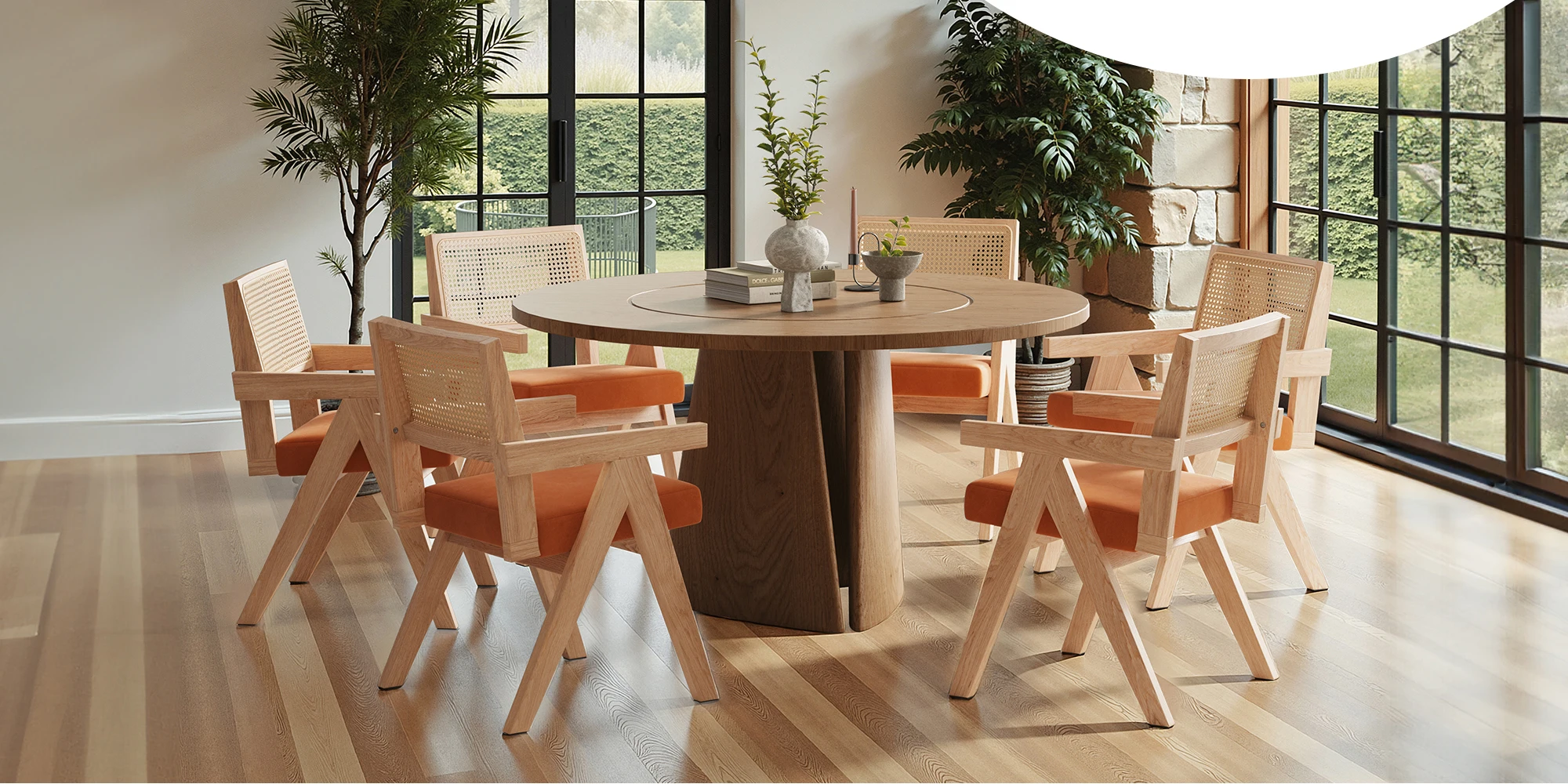 Set of 2 Mid-Century Rattan Dining Chair, Solid Ash Wood Frame, Woven Rattan Back, High-Resilience Foam, Non-Slip Pads