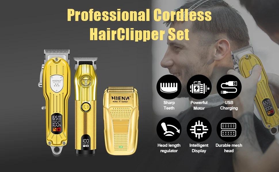 HINEA Hair cutting machine hair clipper Professional Rechargeable USB Hair Clipper Set with Display (Gold) for men Beauty tools