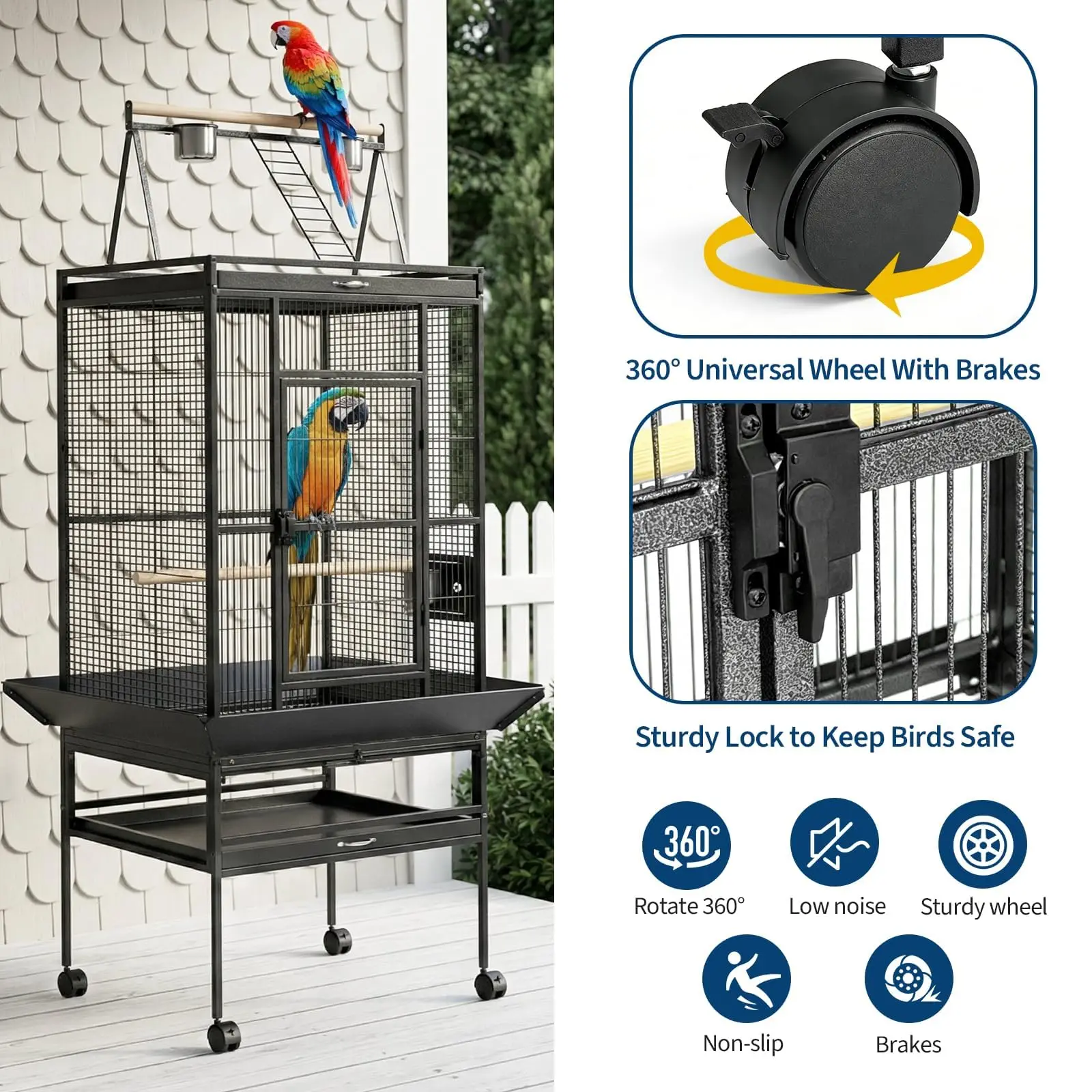 69" Extra Large Bird Cage with Rolling Stand & Play Top - Wide Metal Parrot Cage for Macaws, Cockatoos
