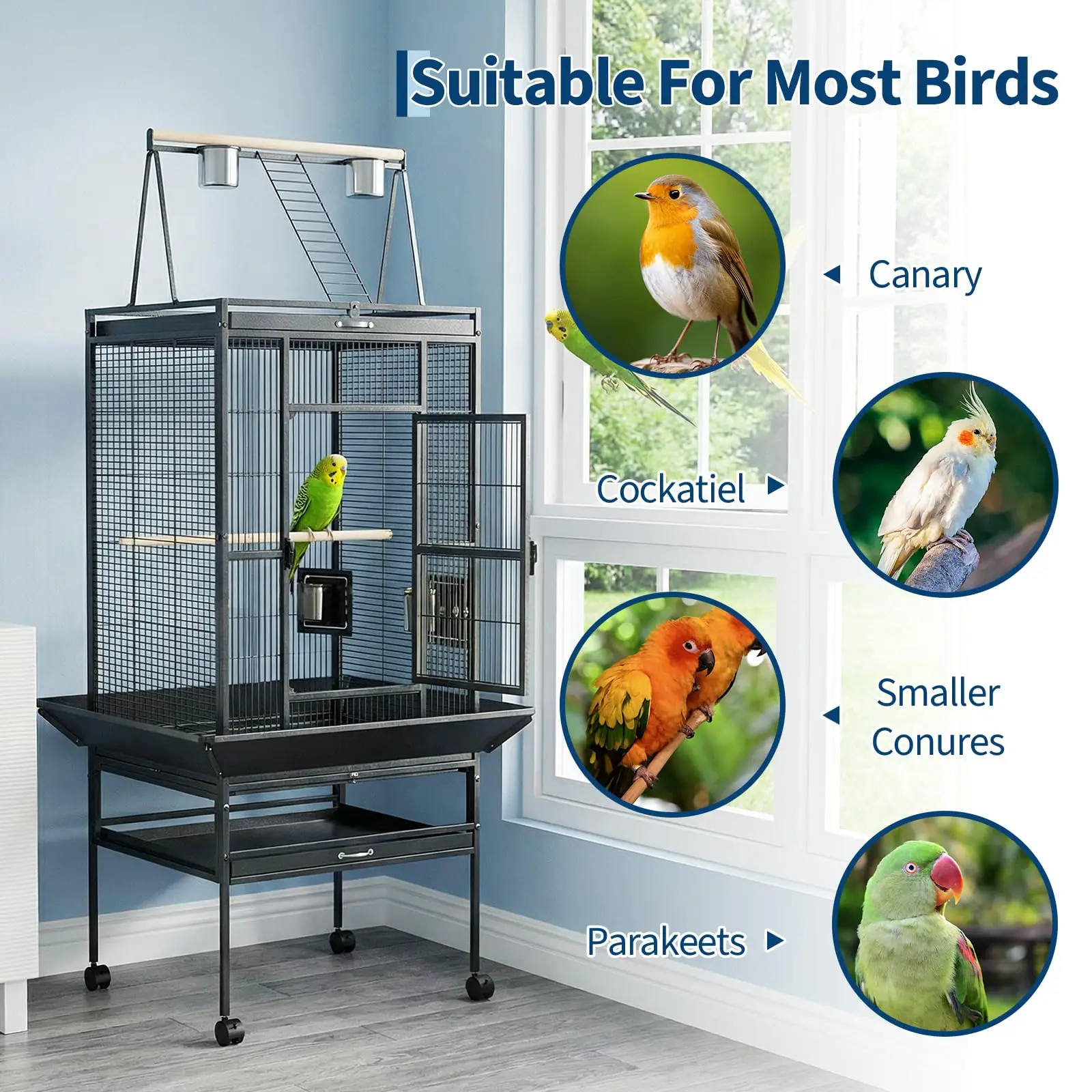69" Extra Large Bird Cage with Rolling Stand & Play Top - Wide Metal Parrot Cage for Macaws, Cockatoos