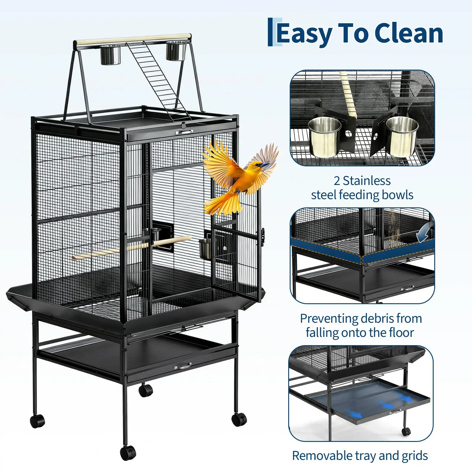69" Extra Large Bird Cage with Rolling Stand & Play Top - Wide Metal Parrot Cage for Macaws, Cockatoos