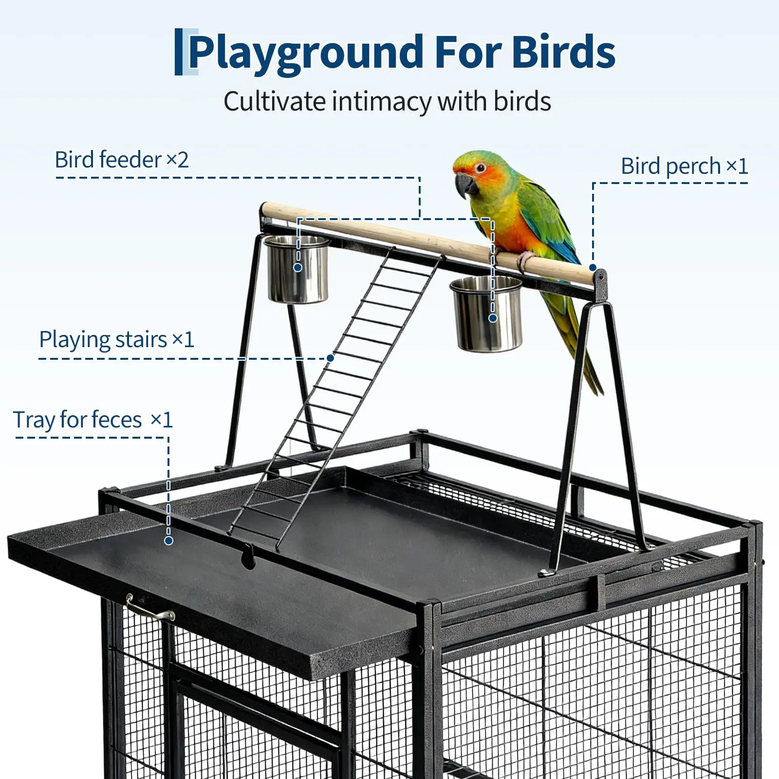 69" Extra Large Bird Cage with Rolling Stand & Play Top - Wide Metal Parrot Cage for Macaws, Cockatoos
