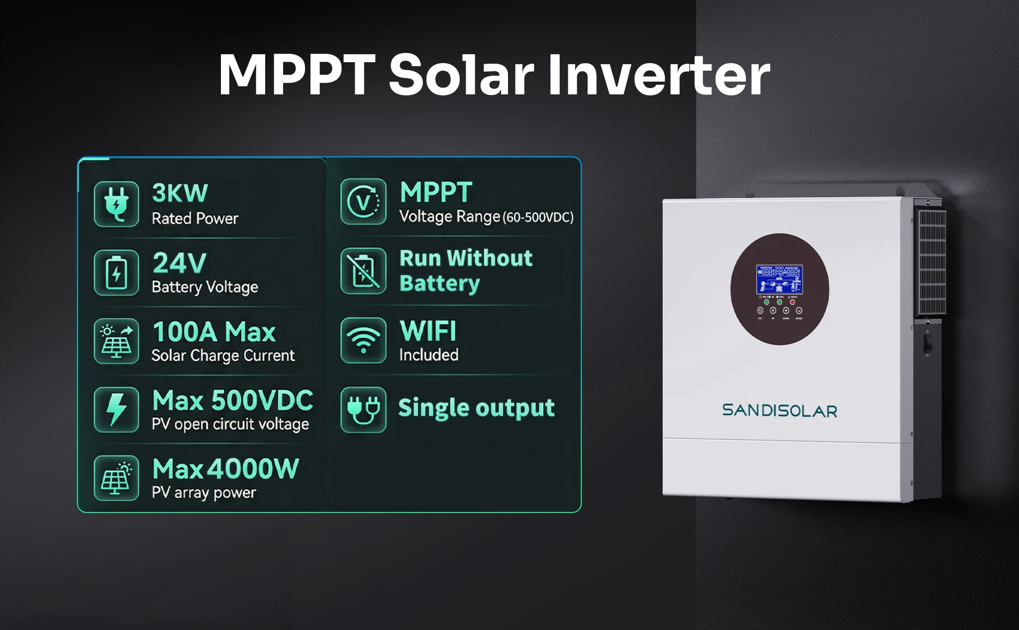 SANDISOLAR 3KW Hybrid Solar Inverter 110VAC 120VAC Output Pure Sine Wave for 24V Battery MPPT 100A Controller Max PV 500V