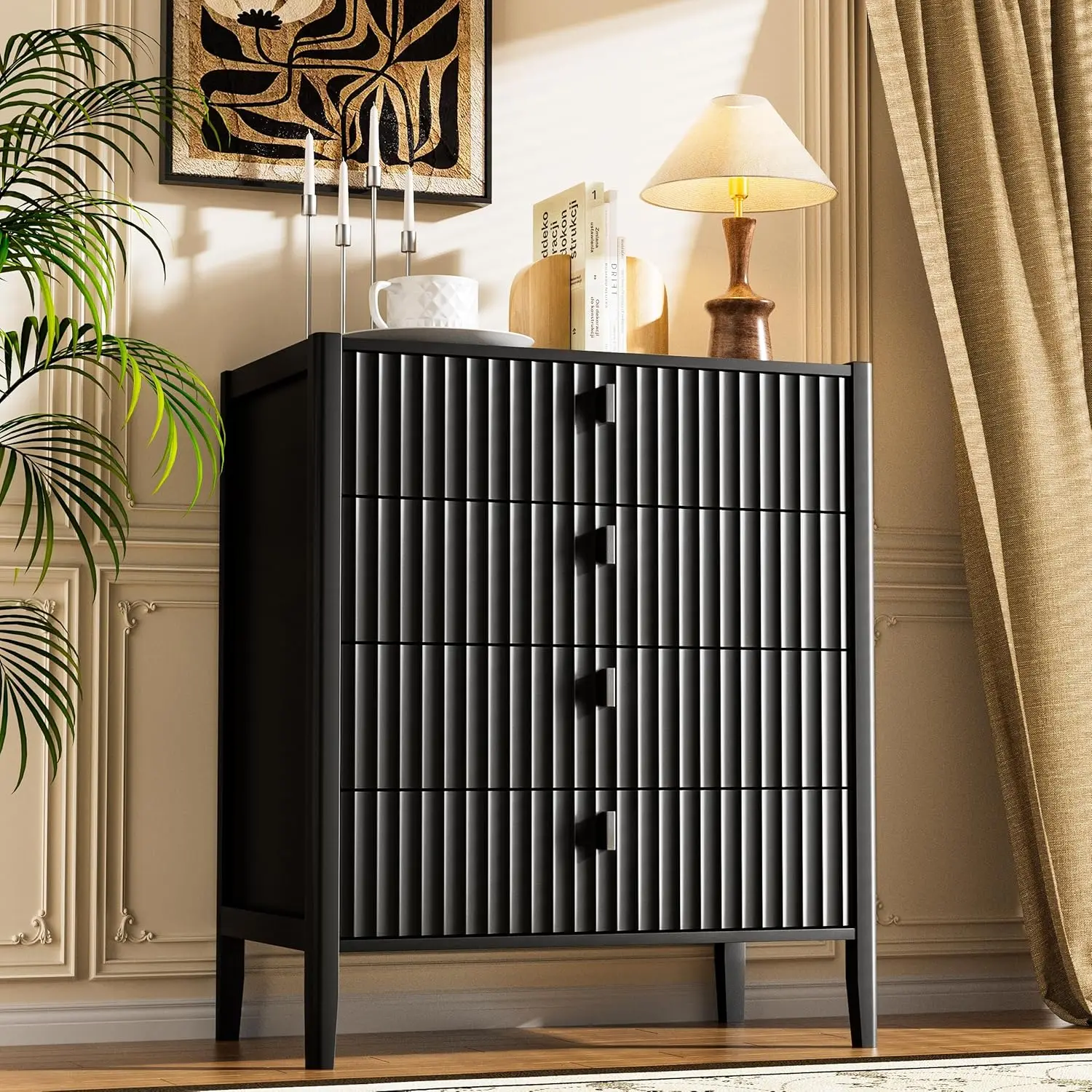 4 Drawer Dresser 31.5 Wide Fluted Front Metal Handles Bedroom Living Room Entryway Storage, Customized