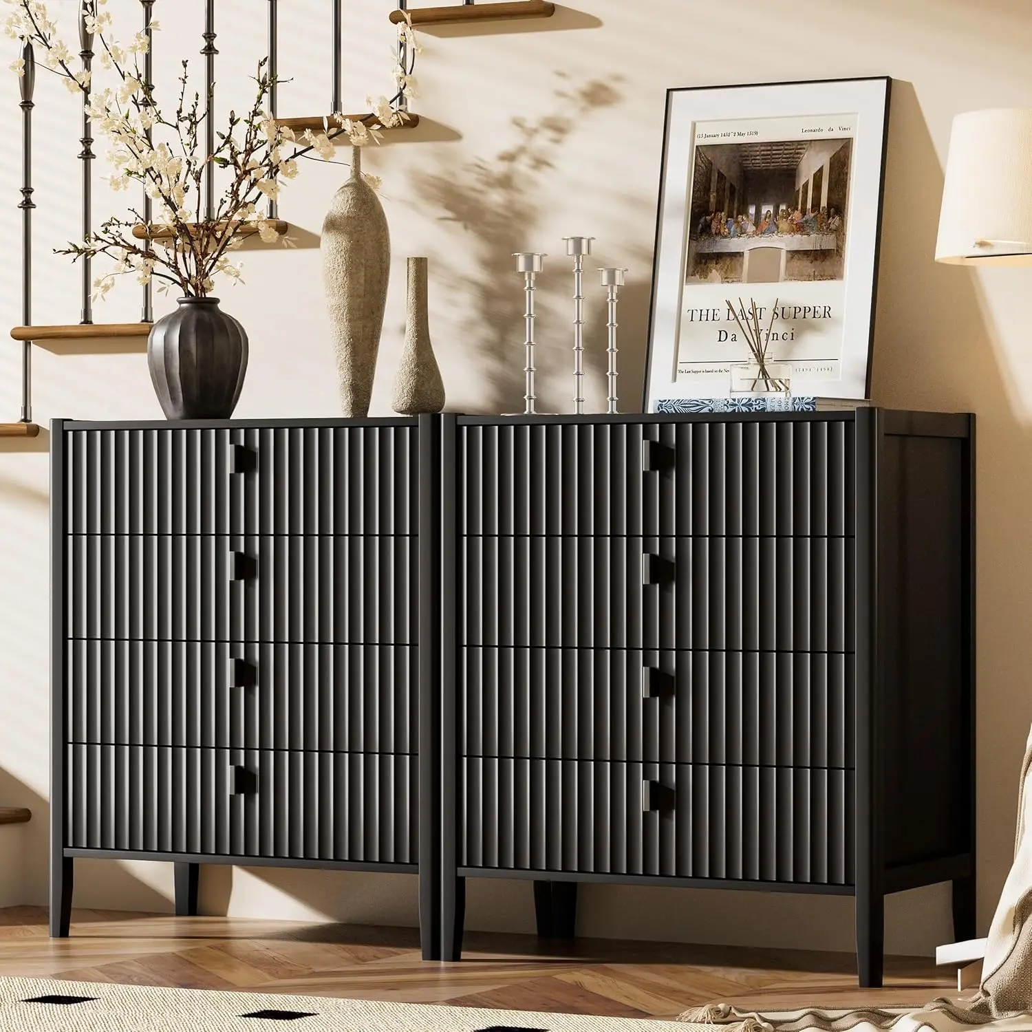4 Drawer Dresser 31.5 Wide Fluted Front Metal Handles Bedroom Living Room Entryway Storage, Customized