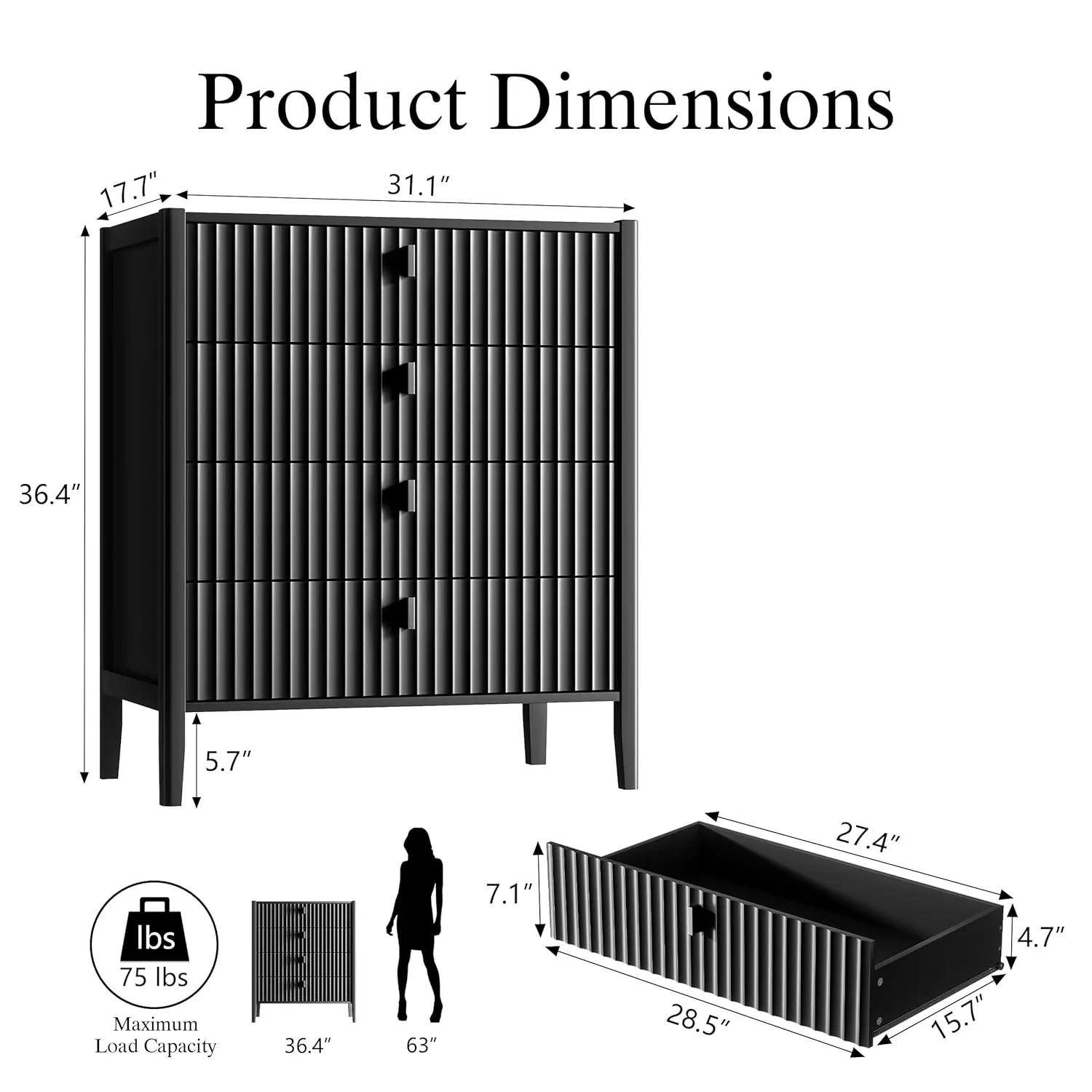 4 Drawer Dresser 31.5 Wide Fluted Front Metal Handles Bedroom Living Room Entryway Storage, Customized