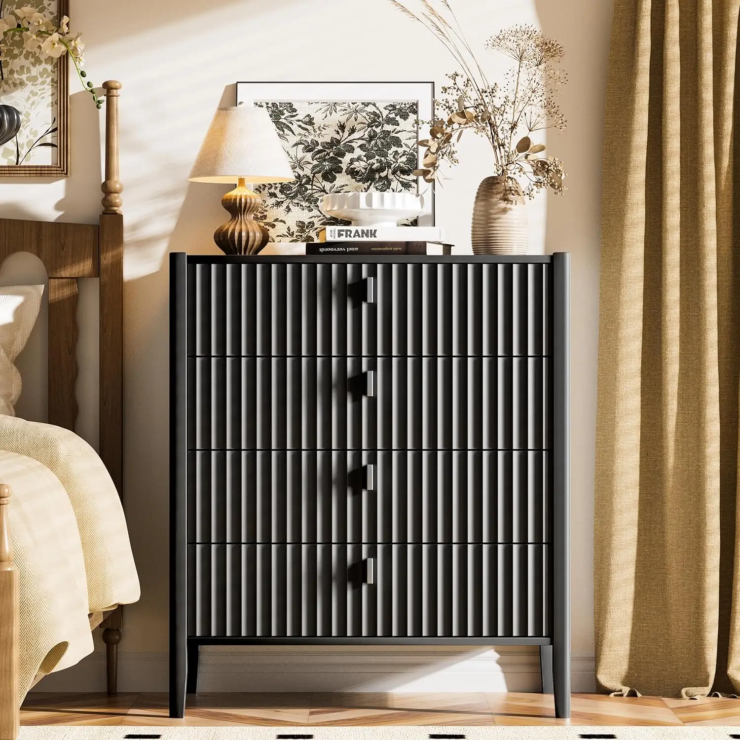 4 Drawer Dresser 31.5 Wide Fluted Front Metal Handles Bedroom Living Room Entryway Storage, Customized