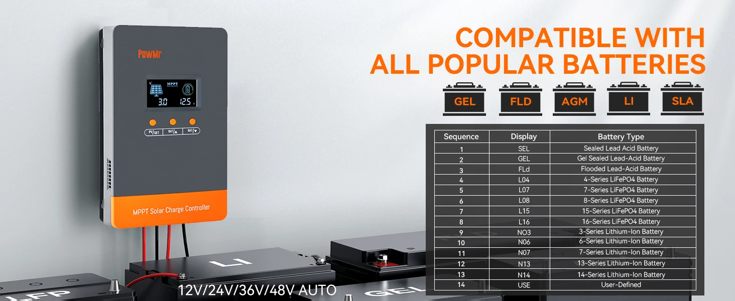 PowMr 60A 80A 100A MPPT Solar Charge Paralllel Controller 12V 24V 36V 48V Max PV 160Vdc Fit Lithium Batteria for Home RV Boat Camp Local Stock