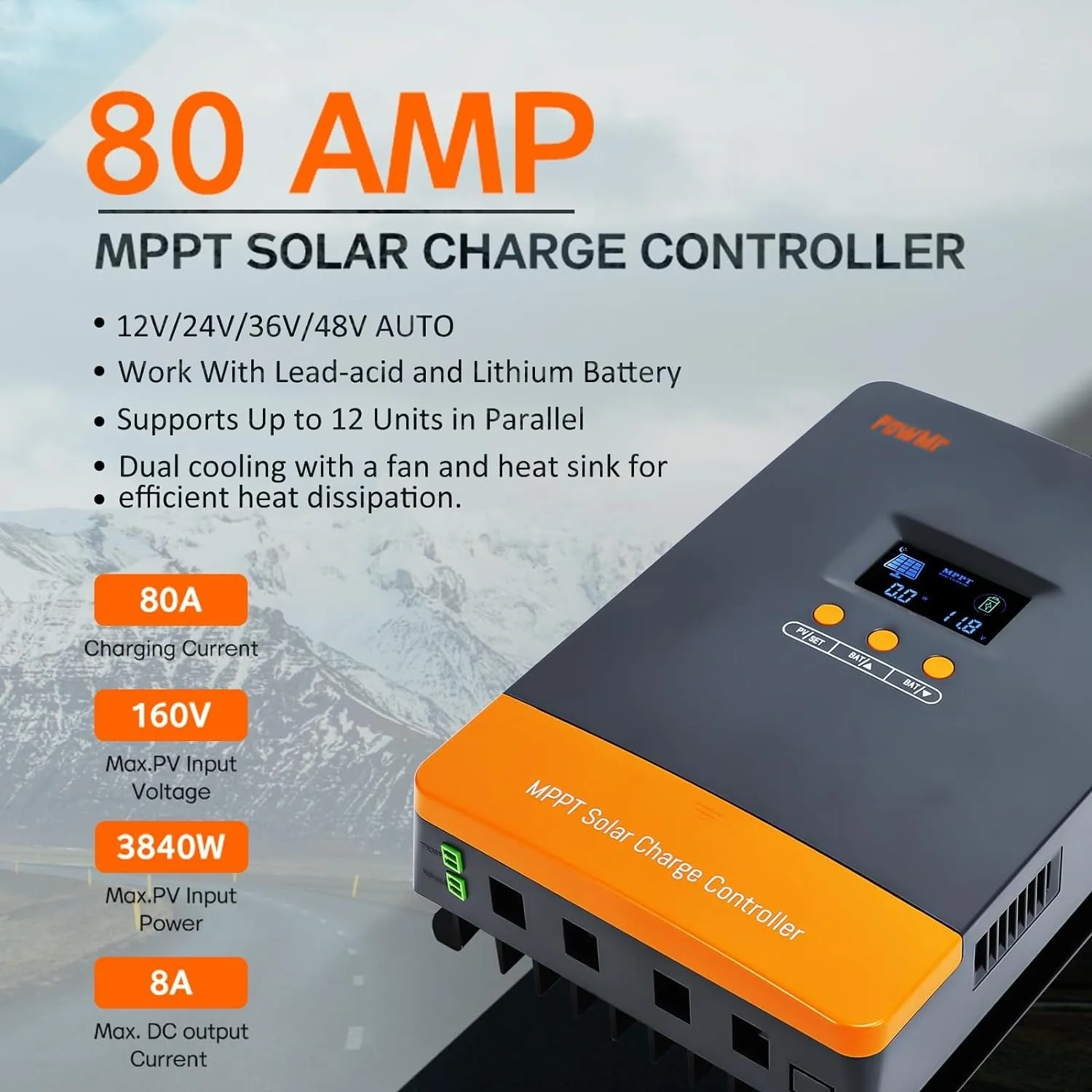 PowMr 60A 80A 100A MPPT Solar Charge Paralllel Controller 12V 24V 36V 48V Max PV 160Vdc Fit Lithium Batteria for Home RV Boat Camp Local Stock