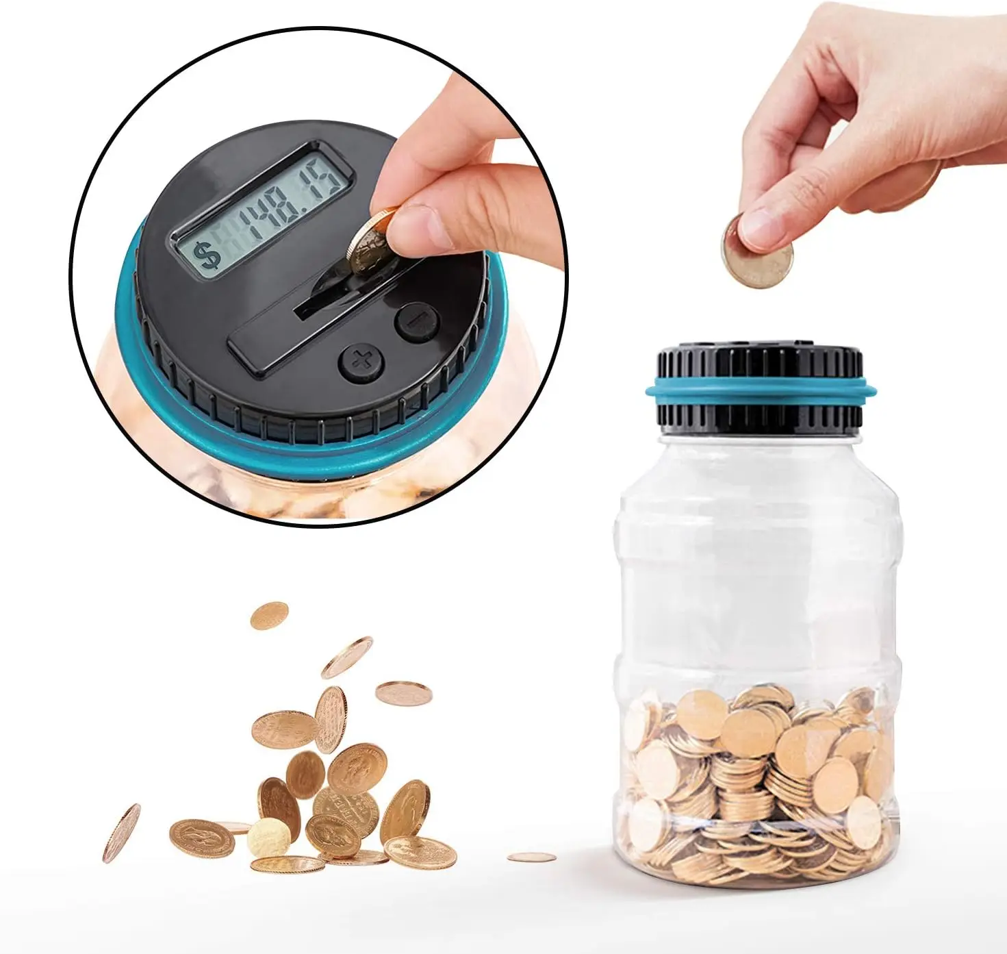 Digital Coin Counting Bank for Boys Adults, 1.8L Piggy Bank with LCD Counter, Accepts All US Coins, Blue