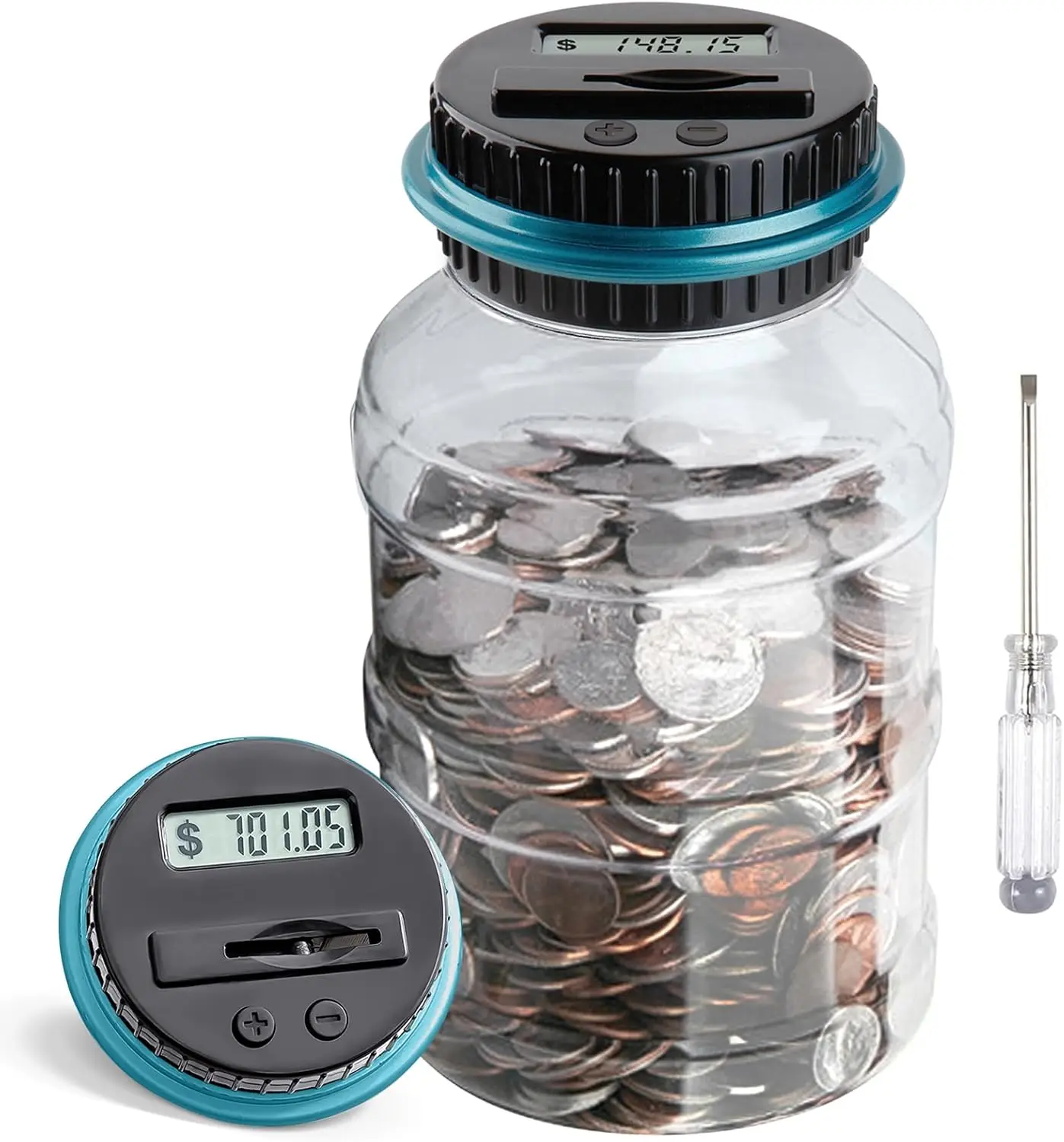 Digital Coin Counting Bank for Boys Adults, 1.8L Piggy Bank with LCD Counter, Accepts All US Coins, Blue