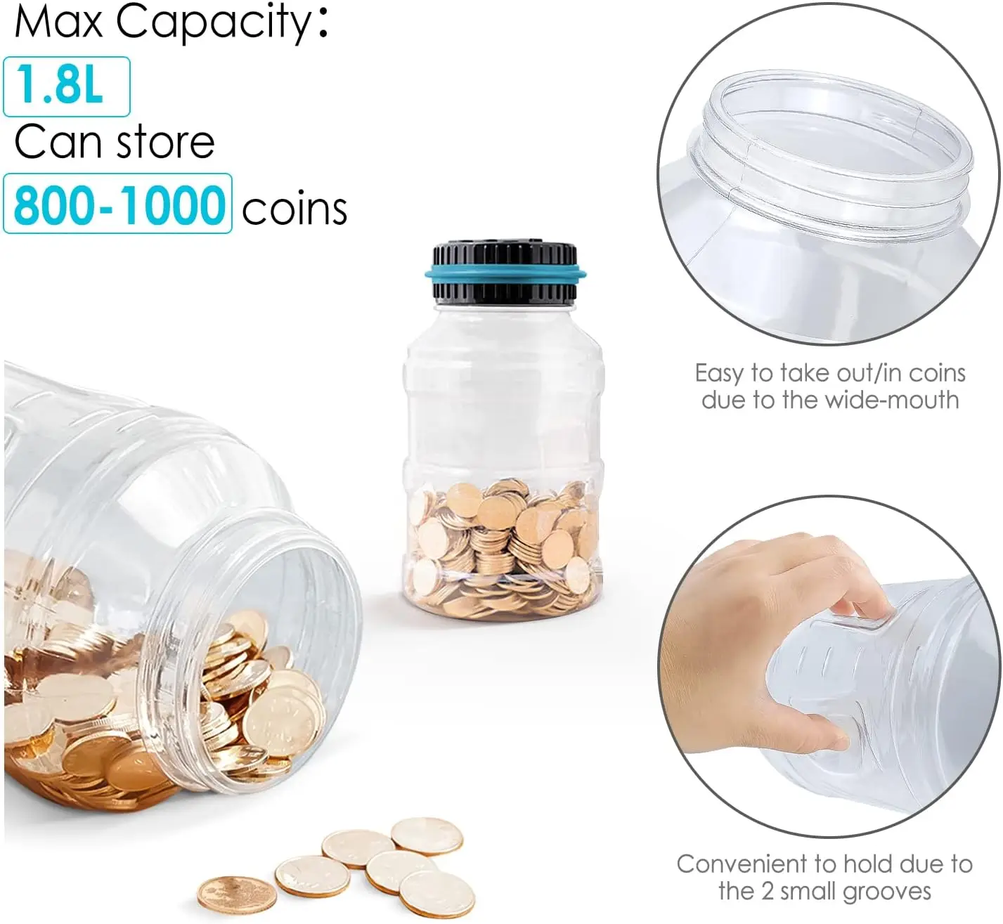 Digital Coin Counting Bank for Boys Adults, 1.8L Piggy Bank with LCD Counter, Accepts All US Coins, Blue