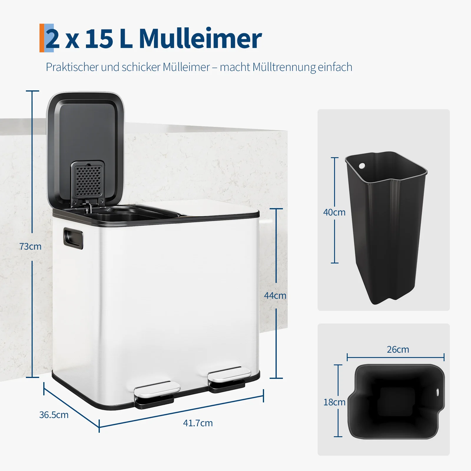 Dual Compartment Kitchen Trash Can, 30L (2 x 15L) - Stainless Steel Step Recycle Bin with Removable Buckets - Soft-Close Lids & Hands-Free Pedals - Efficient Waste Separation for Home or Office