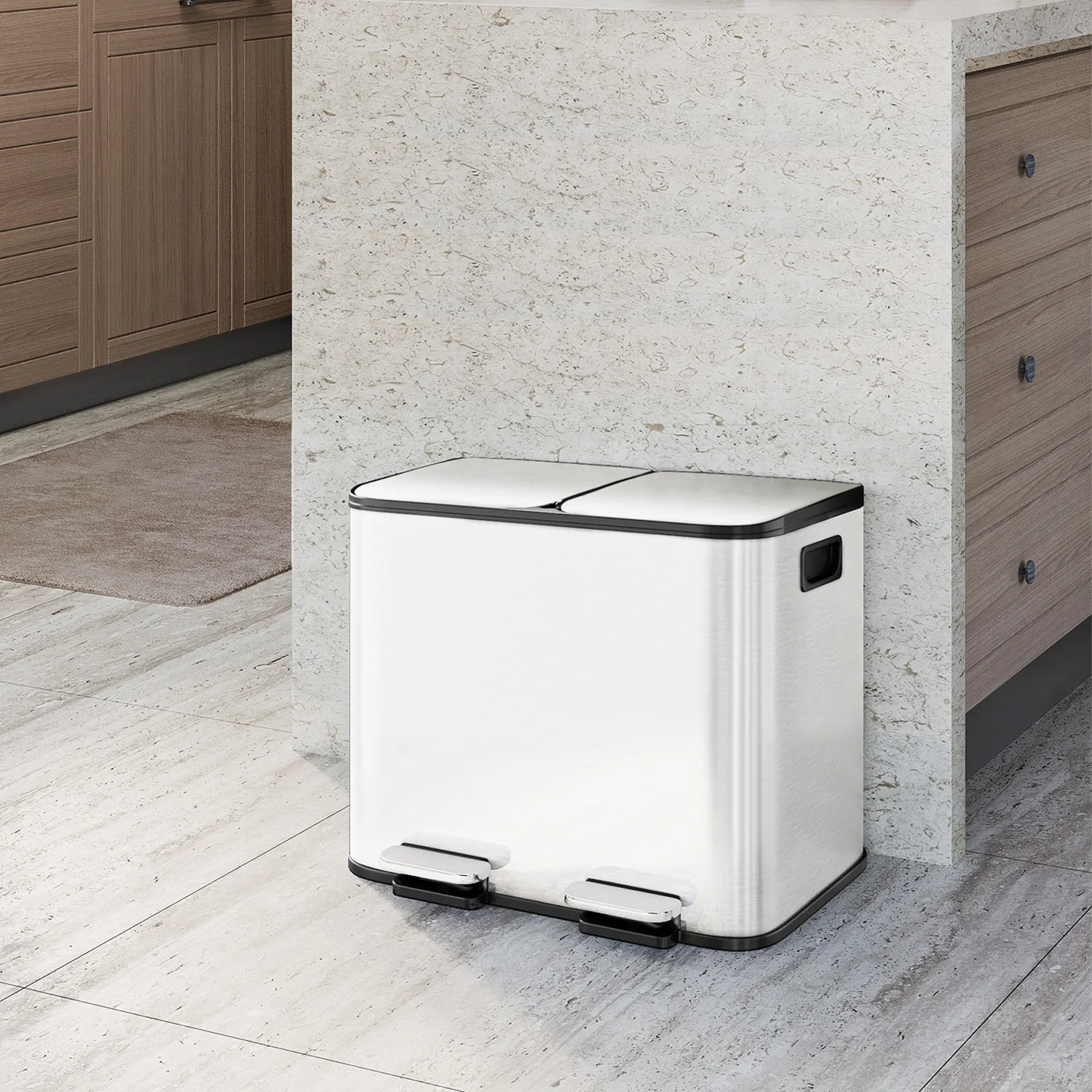 Dual Compartment Kitchen Trash Can, 30L (2 x 15L) - Stainless Steel Step Recycle Bin with Removable Buckets - Soft-Close Lids & Hands-Free Pedals - Efficient Waste Separation for Home or Office