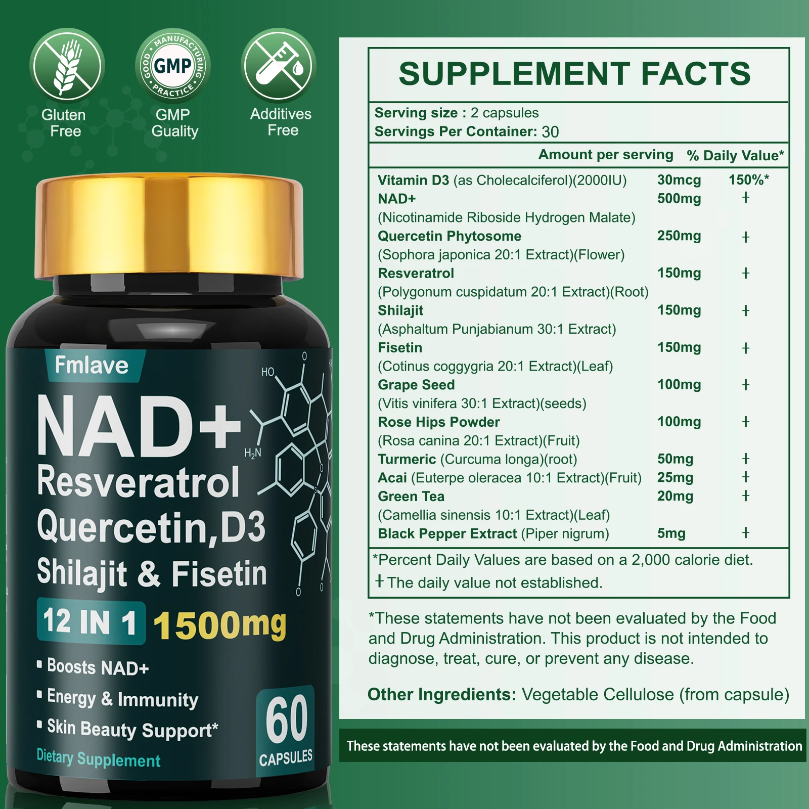 Fmlave NAD+ Resveratrol, Shilajit & Fisetin, Quercetin, D3, – 12-in-1 Enhance Cellular Vitality and Energy, Immunity & Skin Beauty 60 Capsules