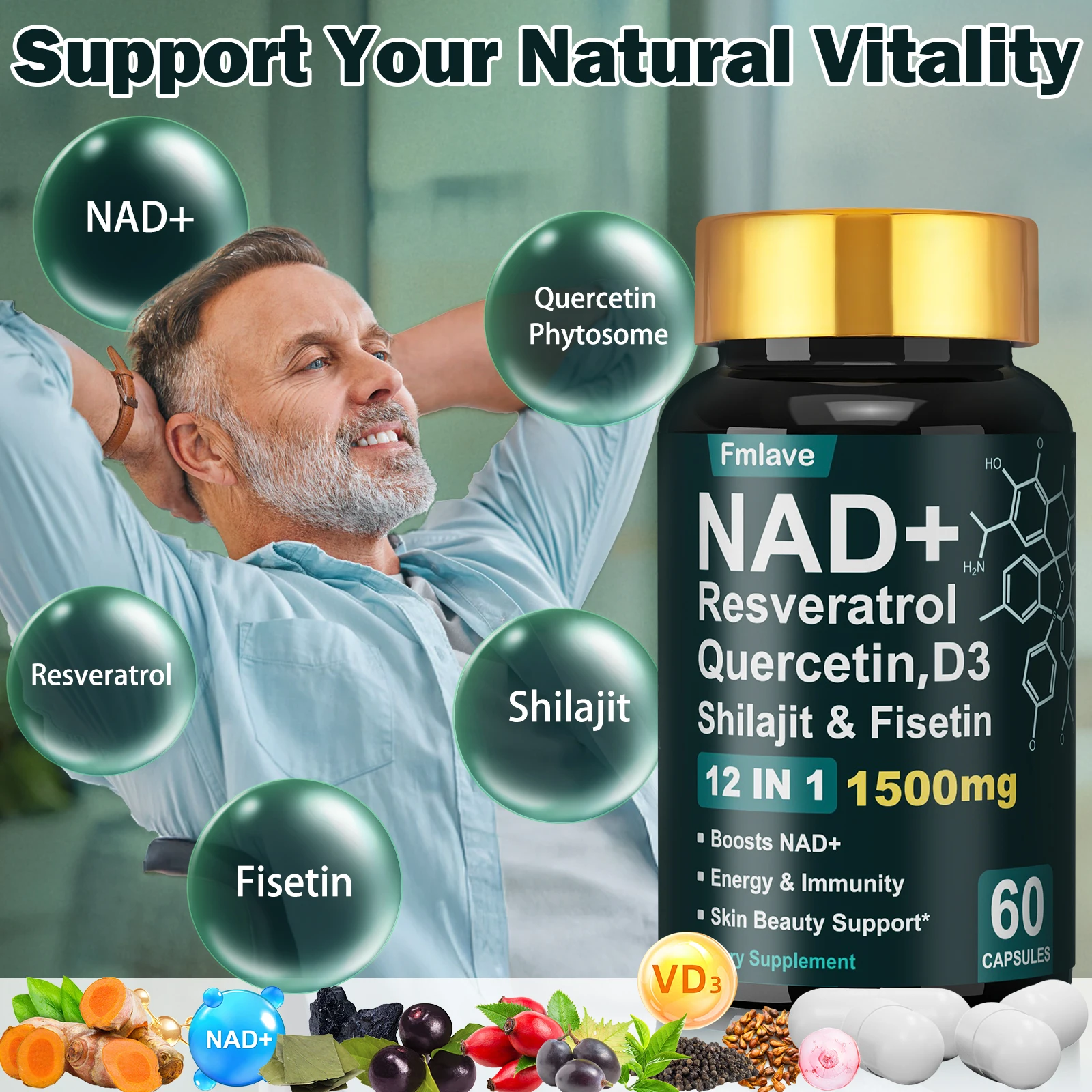 Fmlave NAD+ Resveratrol, Shilajit & Fisetin, Quercetin, D3, – 12-in-1 Enhance Cellular Vitality and Energy, Immunity & Skin Beauty 60 Capsules