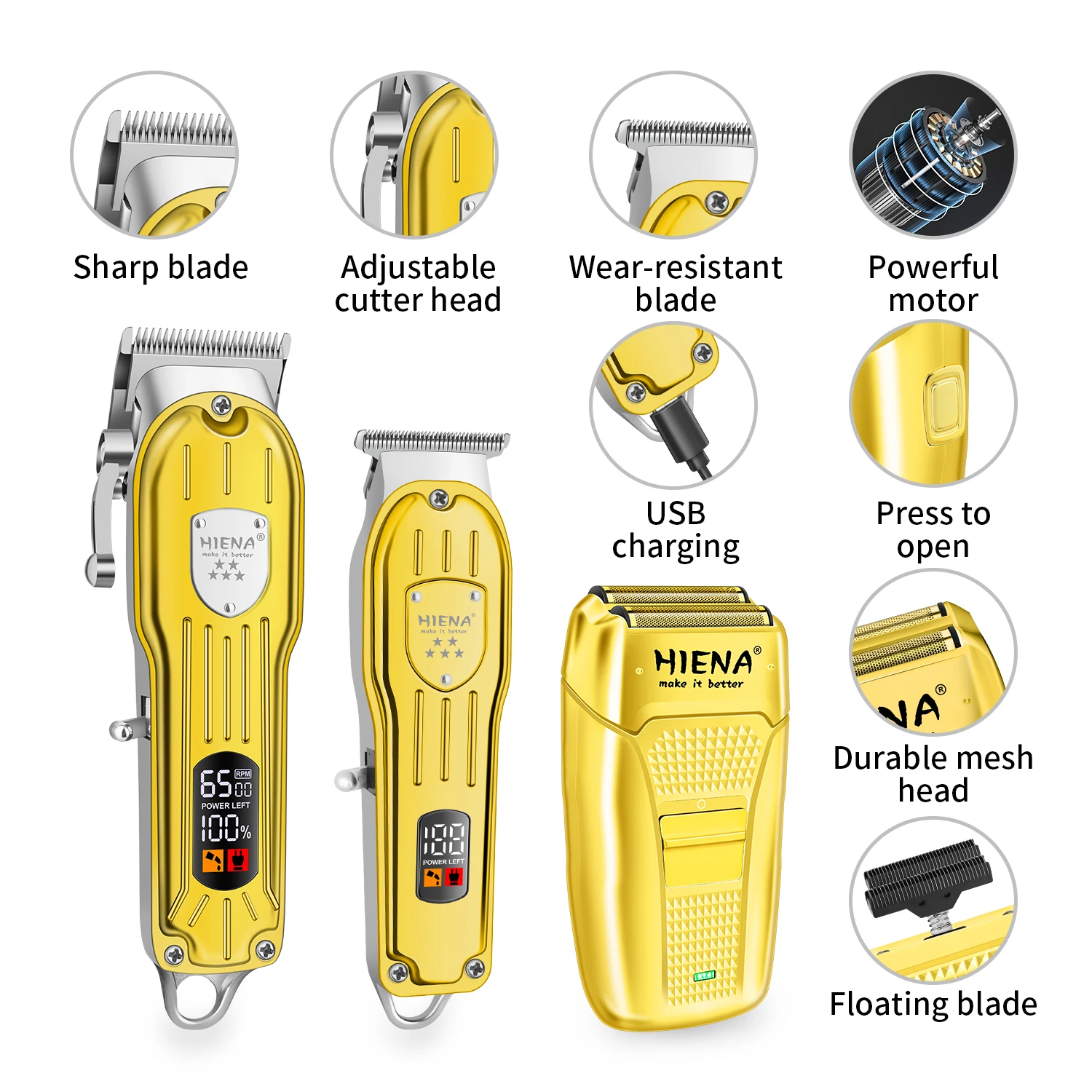 HIENA Hair Cutting Kit with LED Display USB, Gifts for Men Hair Clippers Set for Men Professional Barber Kit for Hair Cutting Cordless Rechargeable Clippers and Trimmers Set