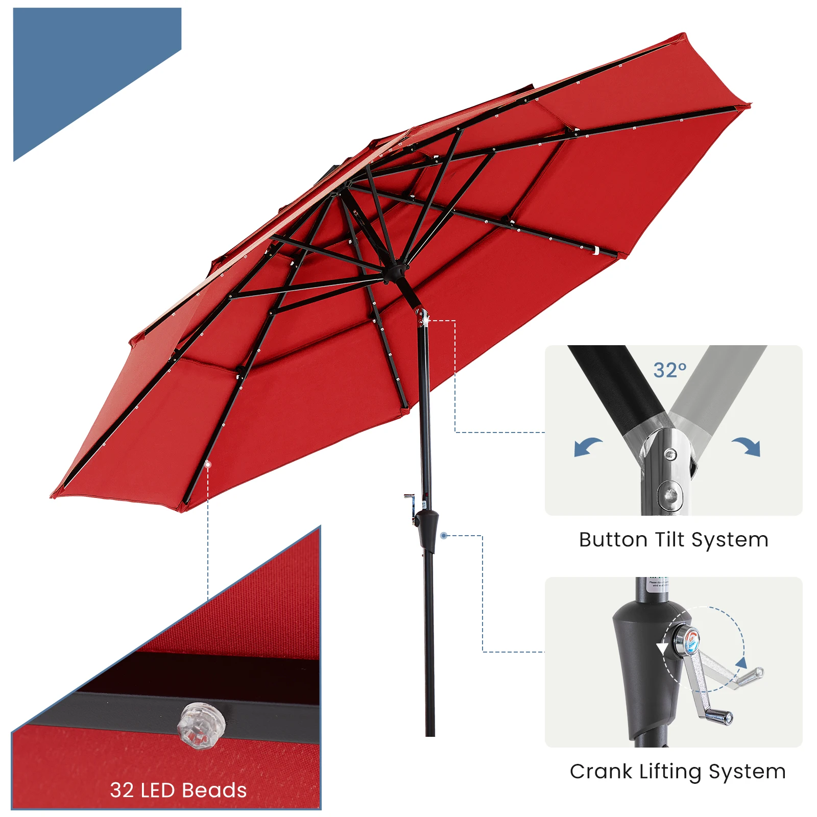 JHK Outdoor 10 FT Solar Patio Umbrella with 32 LED Lights UV-Resistant Market Umbrella with Tilt Adjustment Crank Lift All-Weather Shade for Backyard Garden Beach