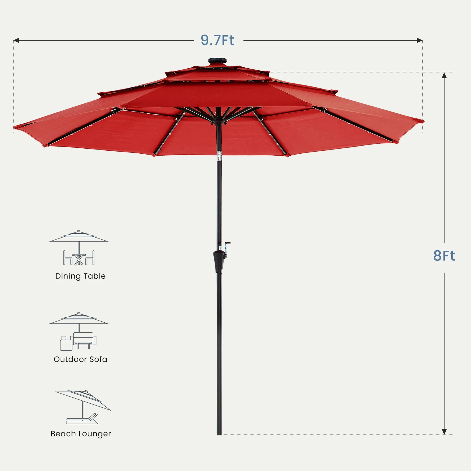 JHK Outdoor 10 FT Solar Patio Umbrella with 32 LED Lights UV-Resistant Market Umbrella with Tilt Adjustment Crank Lift All-Weather Shade for Backyard Garden Beach