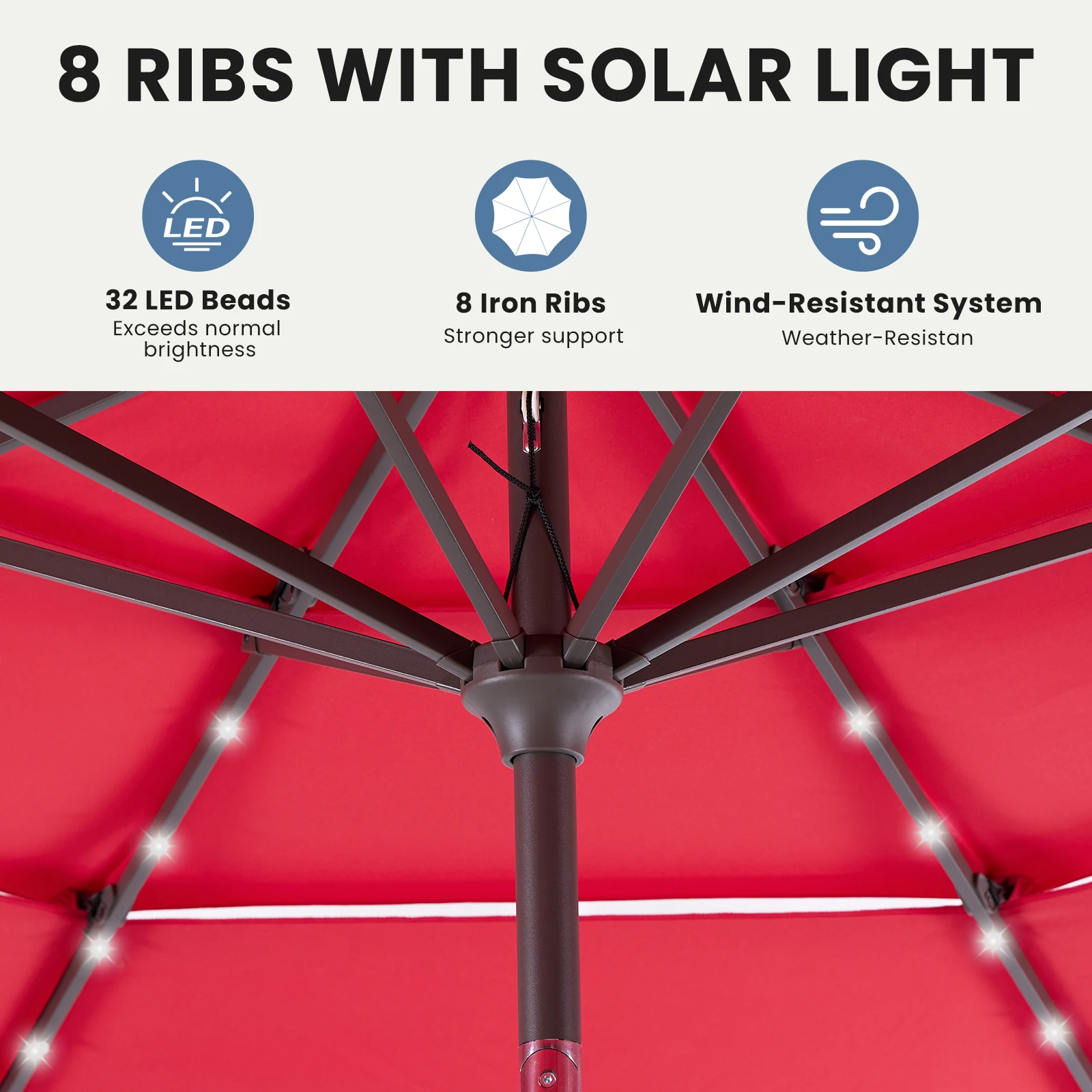 JHK Outdoor 10 FT Solar Patio Umbrella with 32 LED Lights UV-Resistant Market Umbrella with Tilt Adjustment Crank Lift All-Weather Shade for Backyard Garden Beach