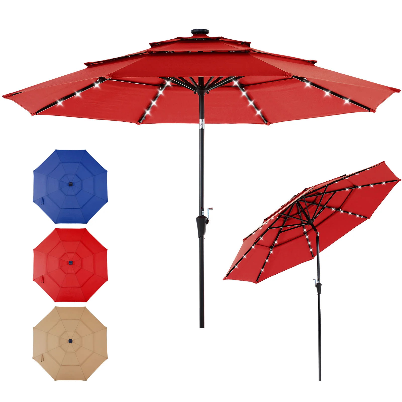 JHK Outdoor 10 FT Solar Patio Umbrella with 32 LED Lights UV-Resistant Market Umbrella with Tilt Adjustment Crank Lift All-Weather Shade for Backyard Garden Beach