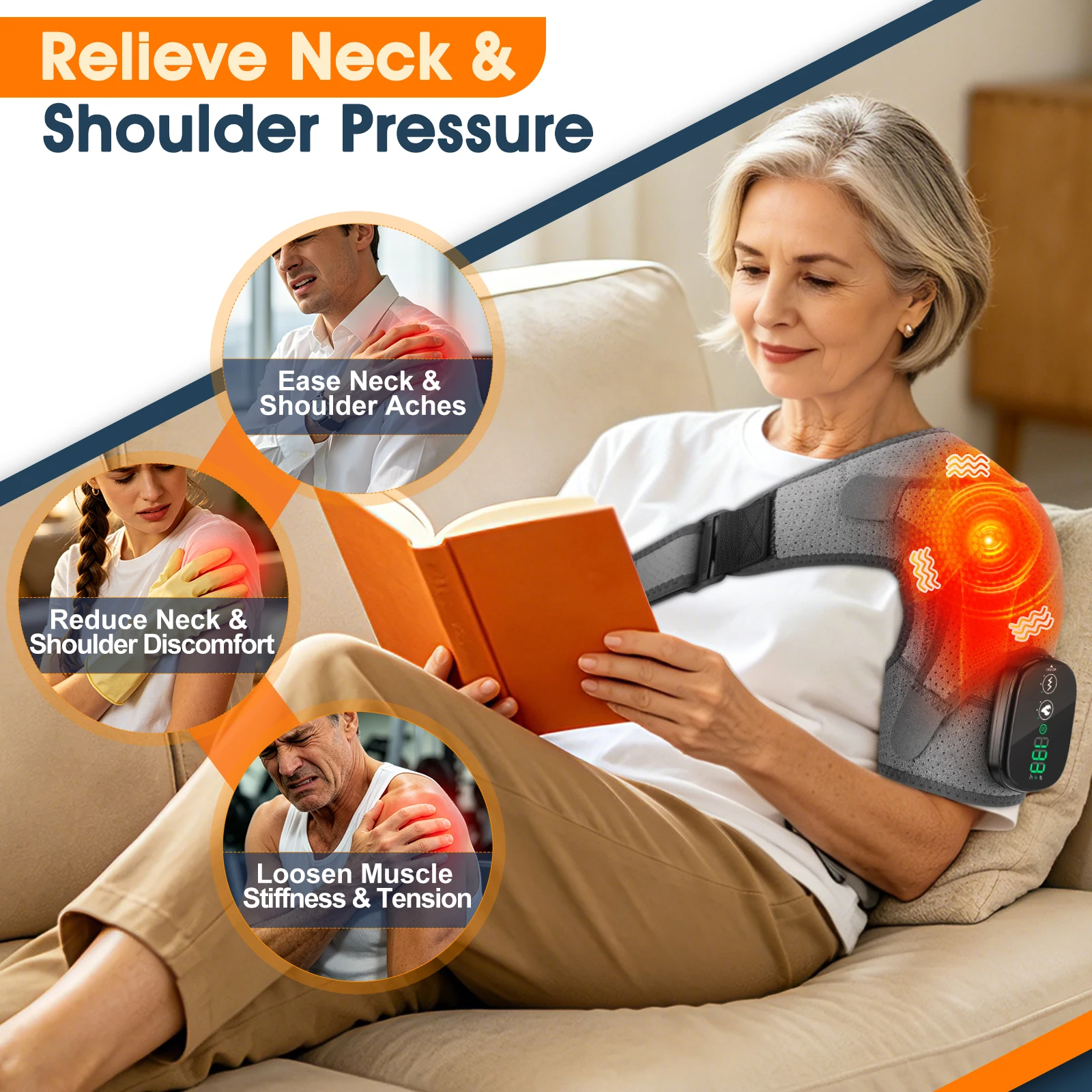 Heated Shoulder Massager Wrap Electric Vibration Massage Support Strap Smart LED Display Cordless Heating Pad Muscle Relaxation