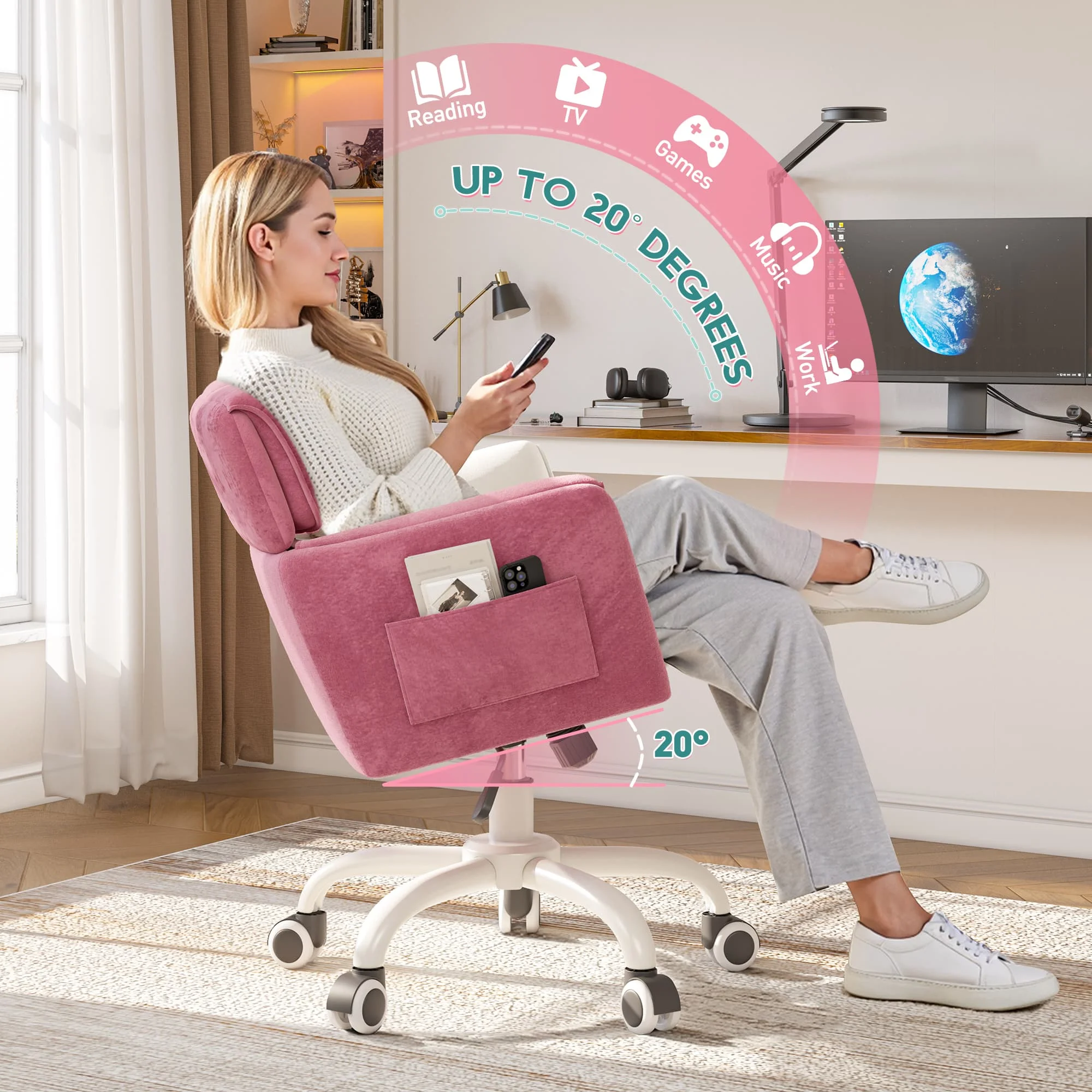 Home Office Chair with Arms Wheels Square Leisure Vanity Chair Adjustable Height Makeup Chair Soft-Touch Desk Chair for Bedroom