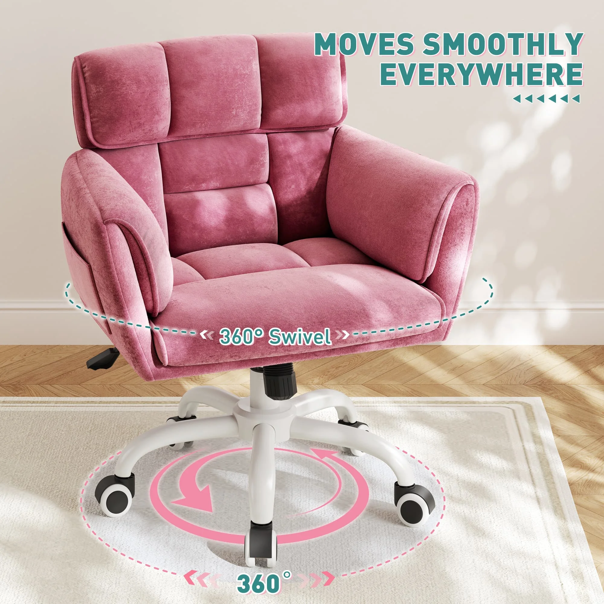 Home Office Chair with Arms Wheels Square Leisure Vanity Chair Adjustable Height Makeup Chair Soft-Touch Desk Chair for Bedroom