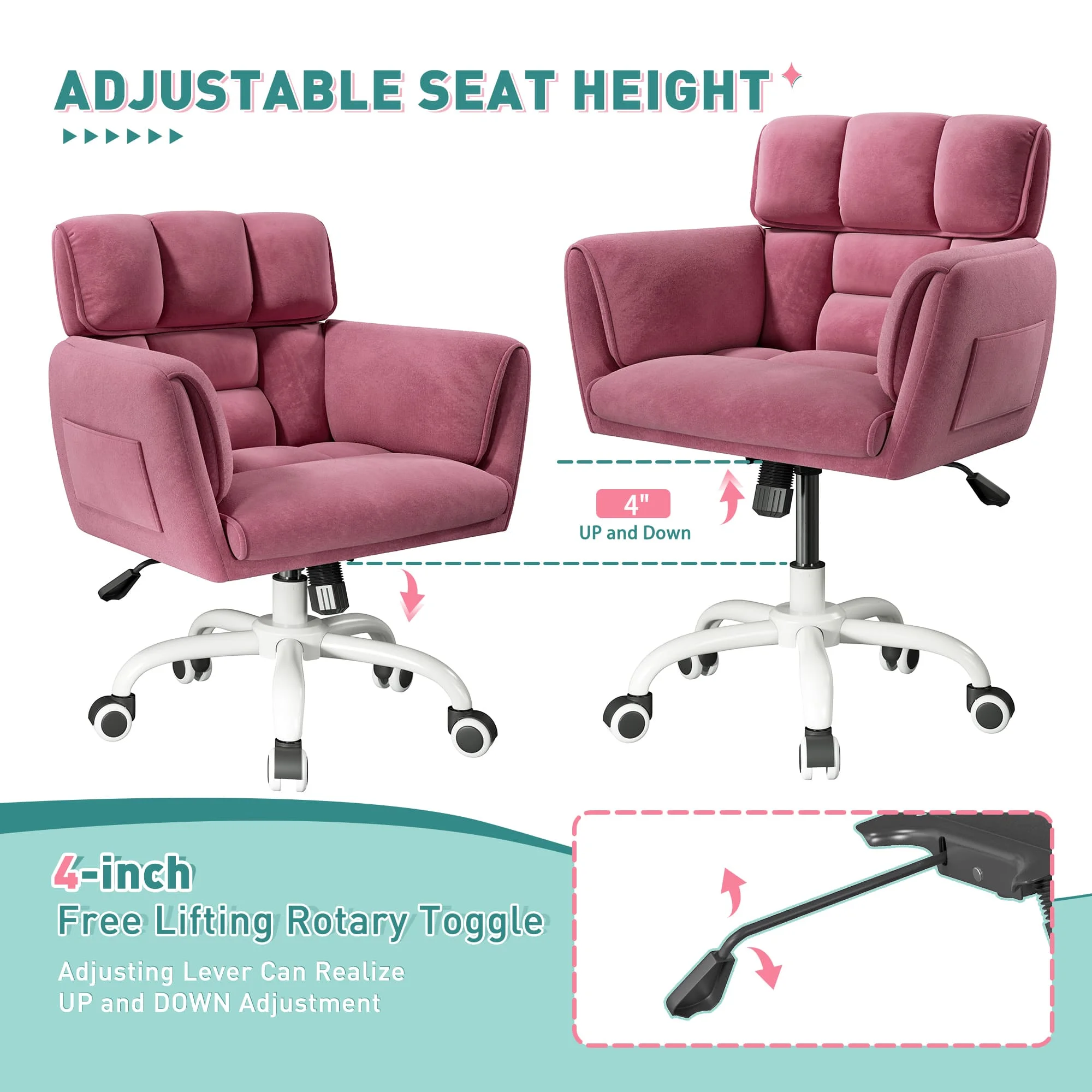 Home Office Chair with Arms Wheels Square Leisure Vanity Chair Adjustable Height Makeup Chair Soft-Touch Desk Chair for Bedroom