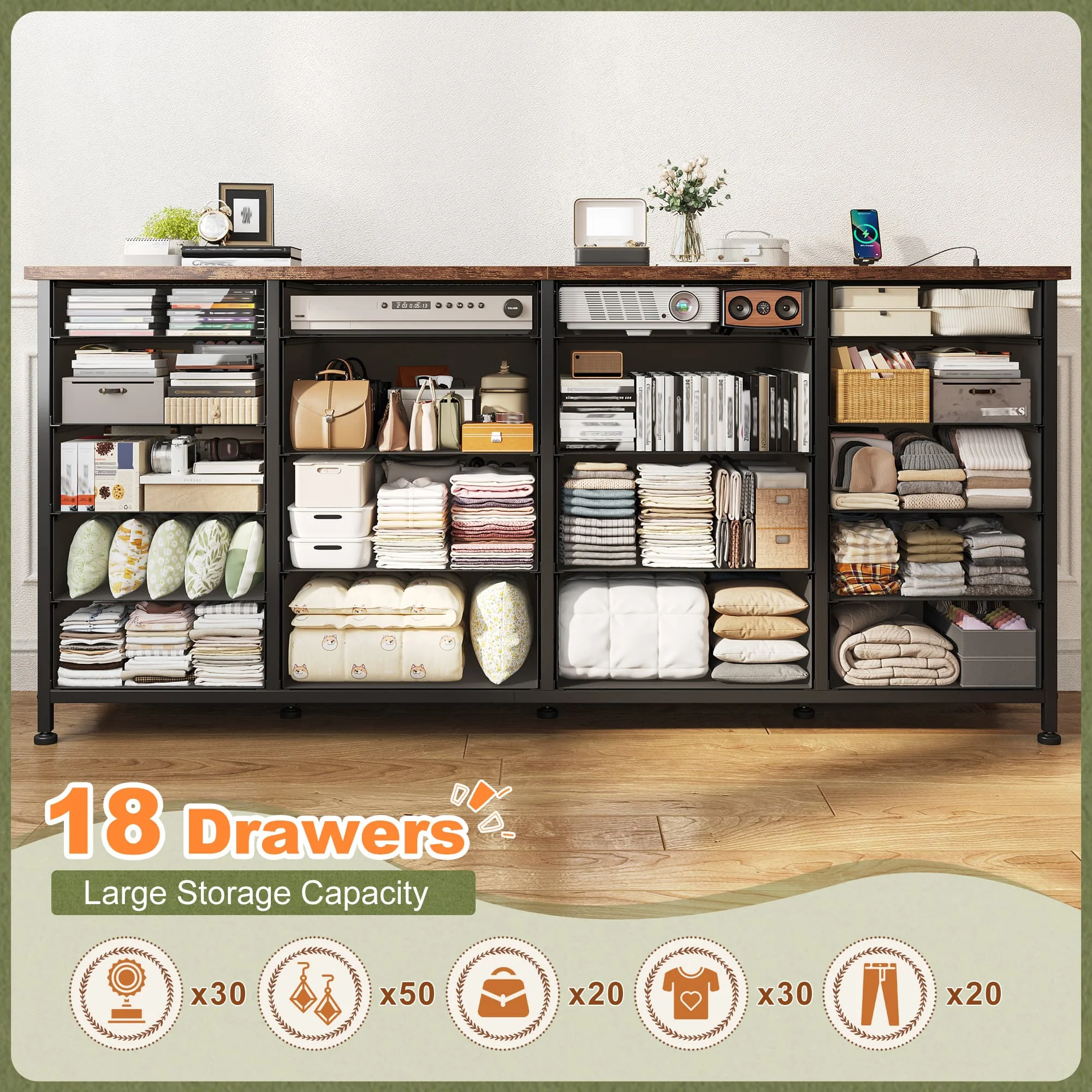 EnHomee 18-Drawer Long Fabric Dresser – 63" TV Stand with LED Lights & Power Outlets, Fits 65–75" Screens – For Bedroom, Living Room, Entryway, Hallway, Closet