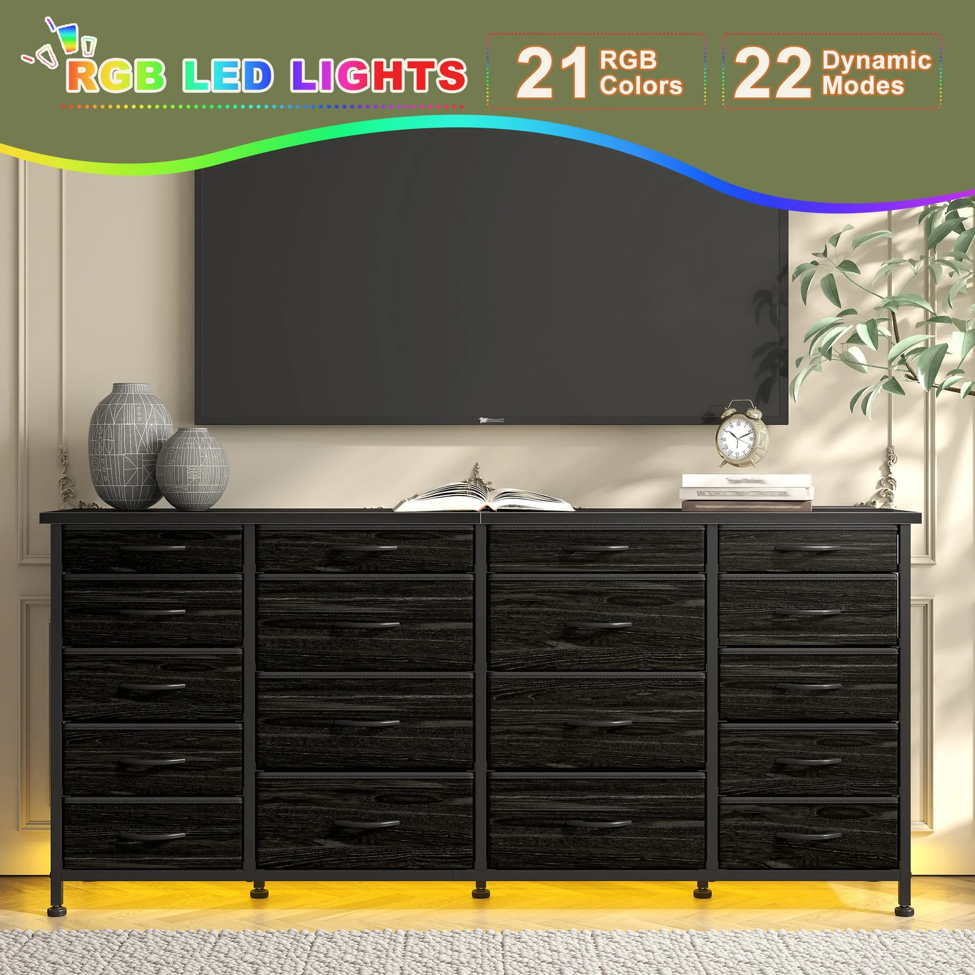 EnHomee 18-Drawer Long Fabric Dresser – 63" TV Stand with LED Lights & Power Outlets, Fits 65–75" Screens – For Bedroom, Living Room, Entryway, Hallway, Closet