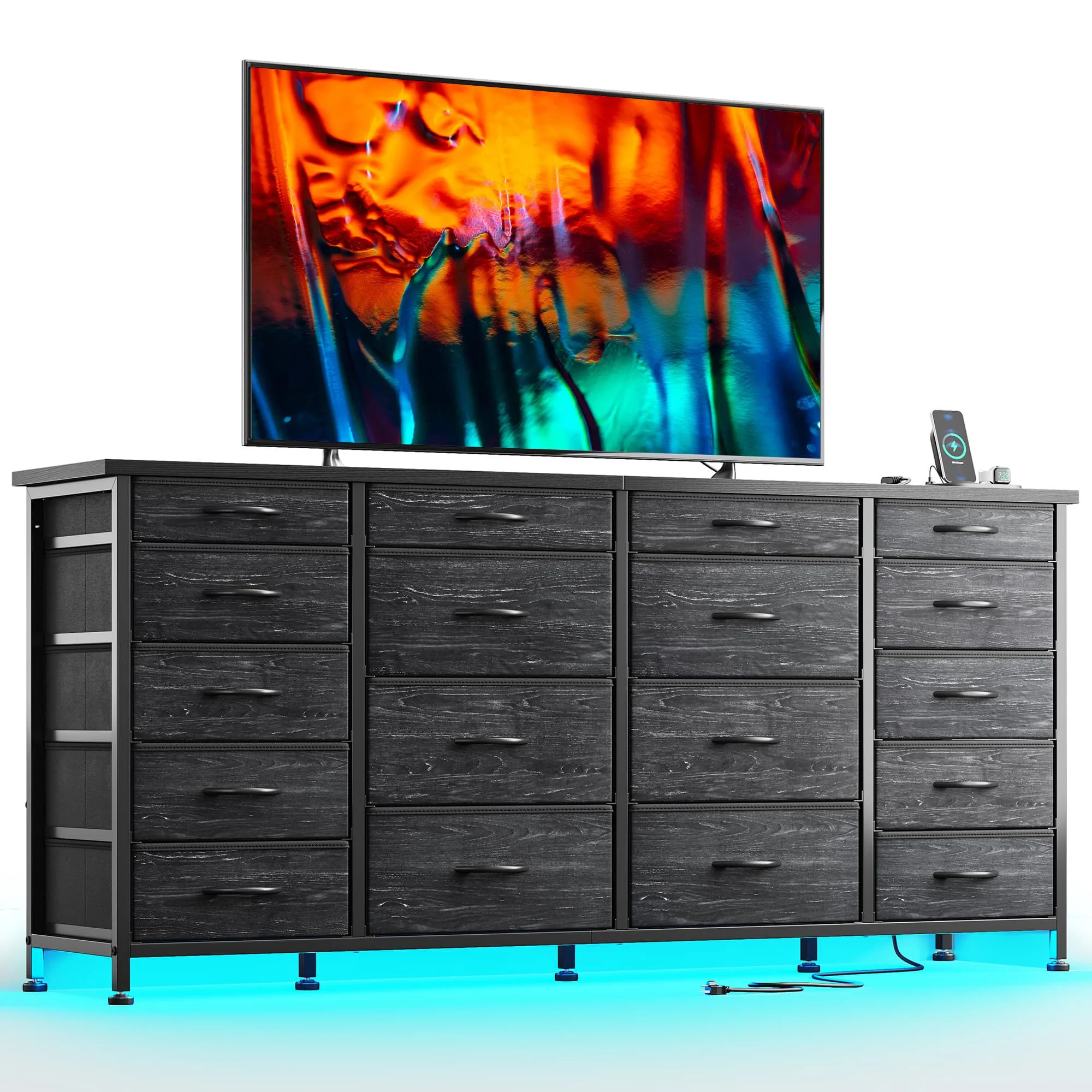 EnHomee 18-Drawer Long Fabric Dresser – 63" TV Stand with LED Lights & Power Outlets, Fits 65–75" Screens – For Bedroom, Living Room, Entryway, Hallway, Closet