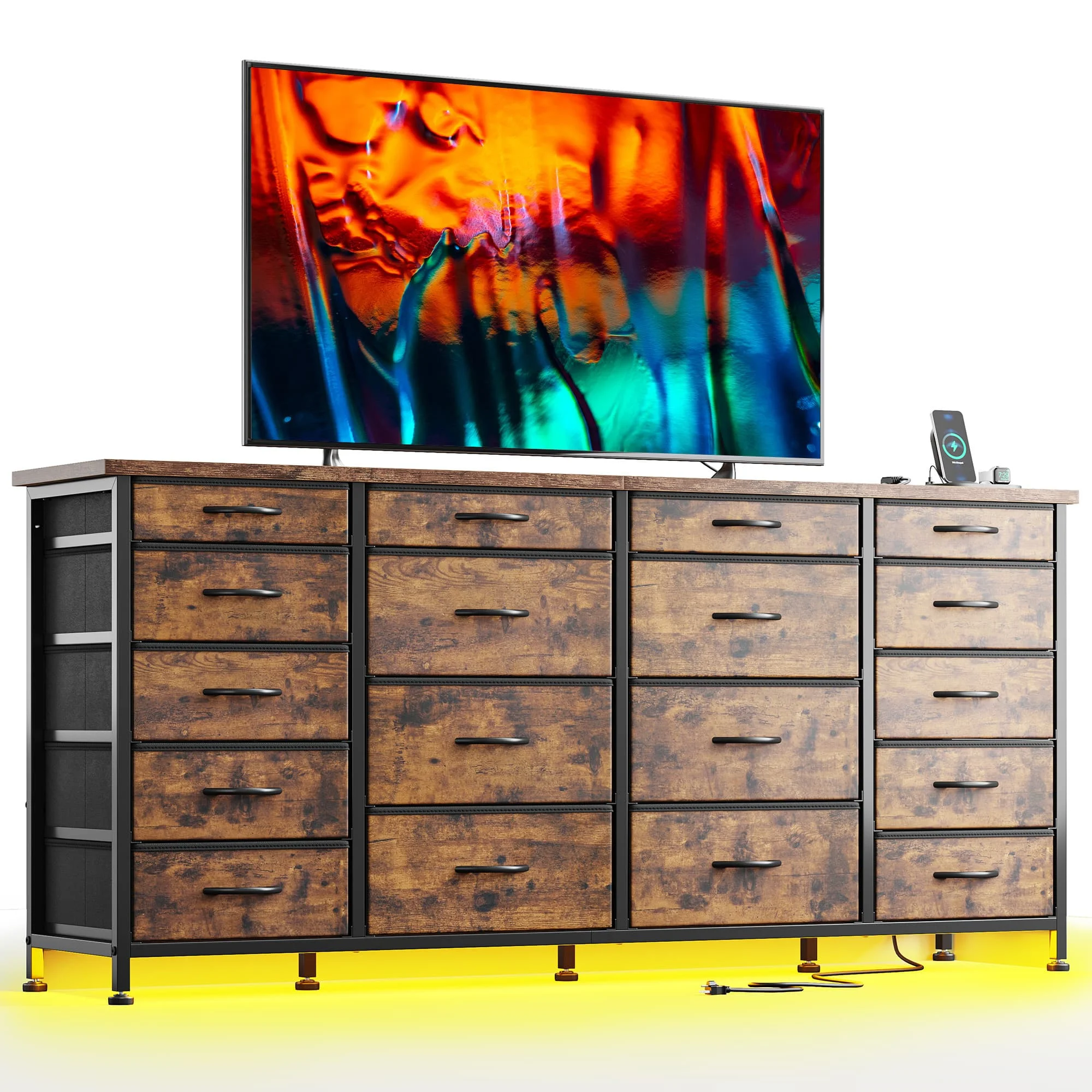 EnHomee 18-Drawer Long Fabric Dresser – 63" TV Stand with LED Lights & Power Outlets, Fits 65–75" Screens – For Bedroom, Living Room, Entryway, Hallway, Closet
