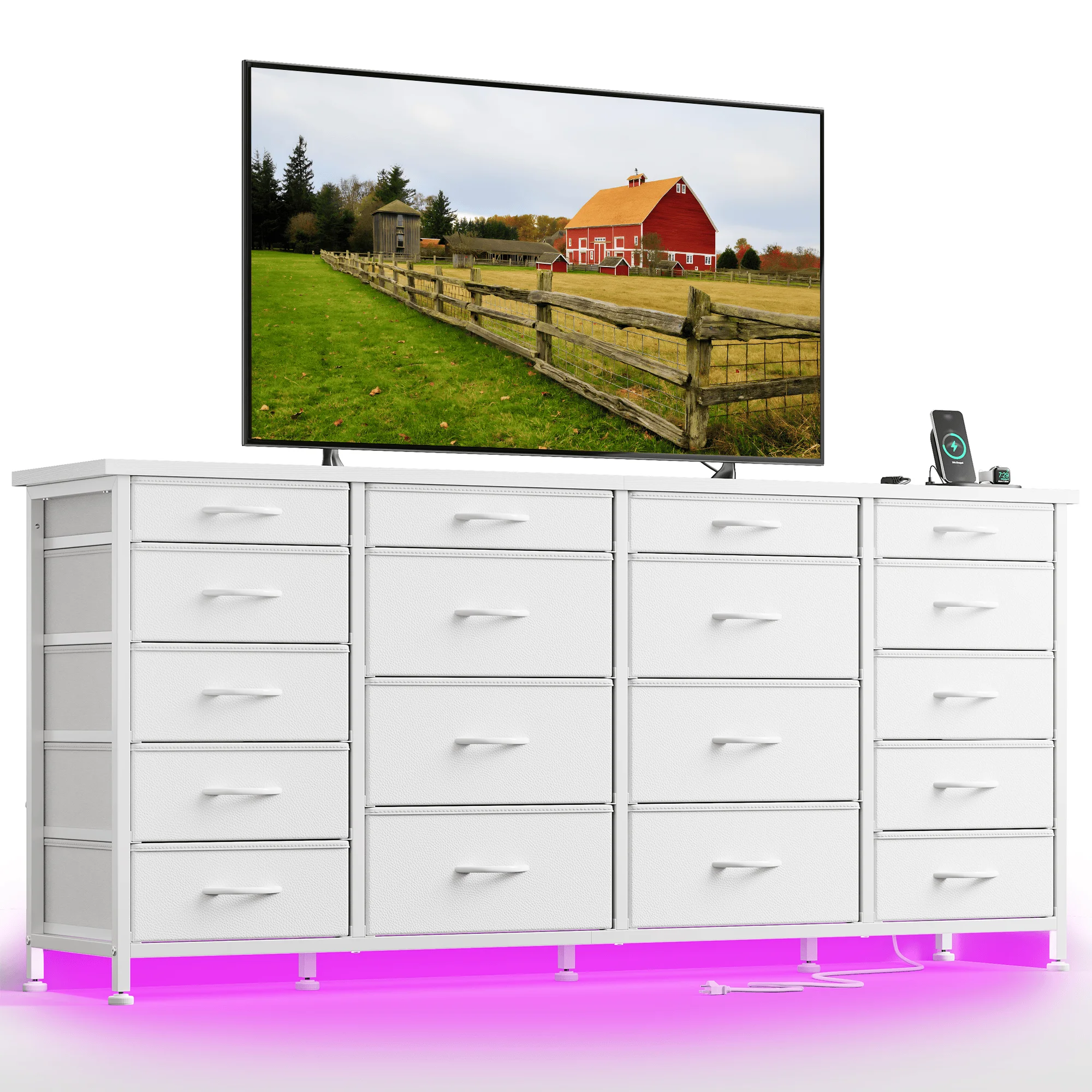 EnHomee 18-Drawer Long Fabric Dresser – 63" TV Stand with LED Lights & Power Outlets, Fits 65–75" Screens – For Bedroom, Living Room, Entryway, Hallway, Closet
