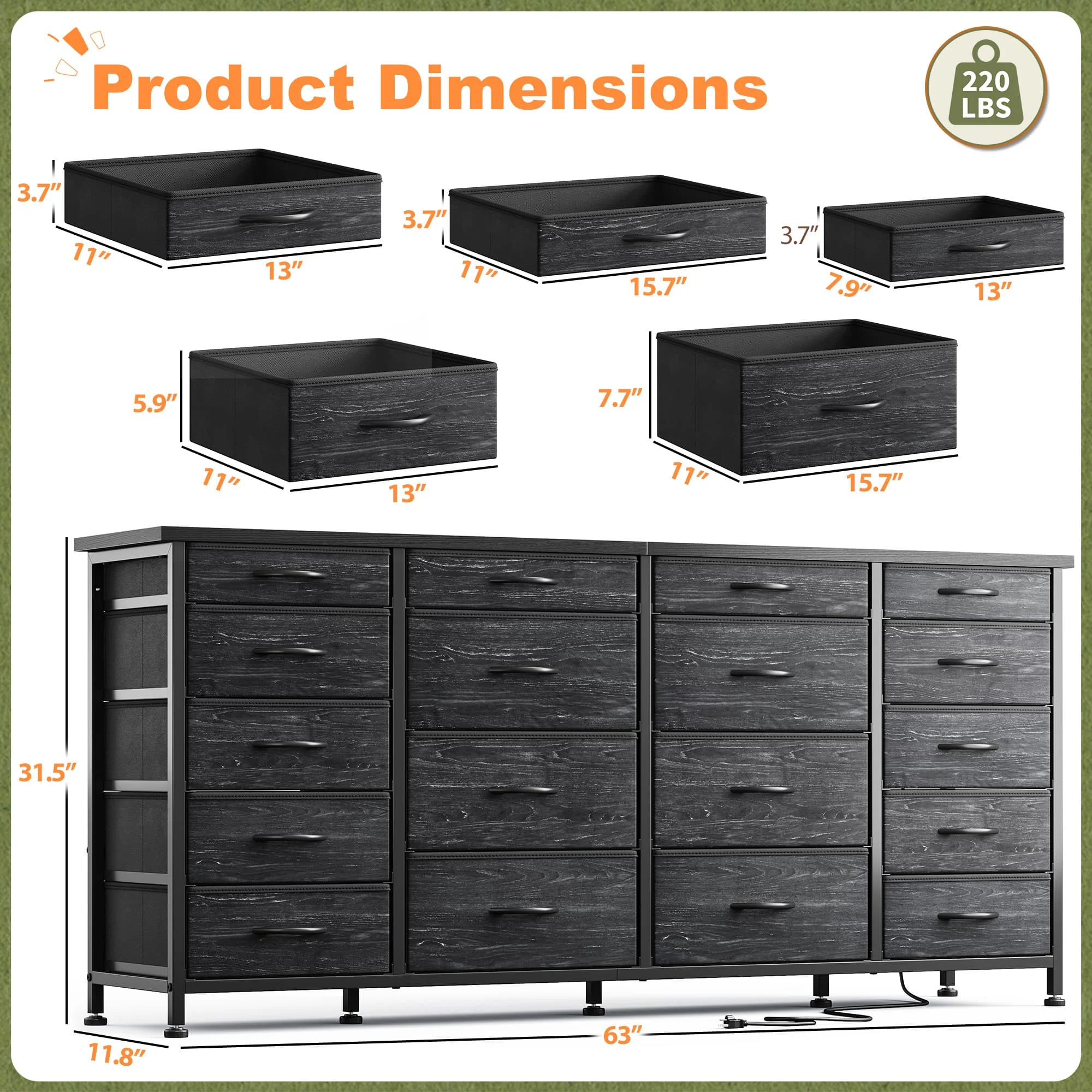 EnHomee 18-Drawer Long Fabric Dresser – 63" TV Stand with LED Lights & Power Outlets, Fits 65–75" Screens – For Bedroom, Living Room, Entryway, Hallway, Closet