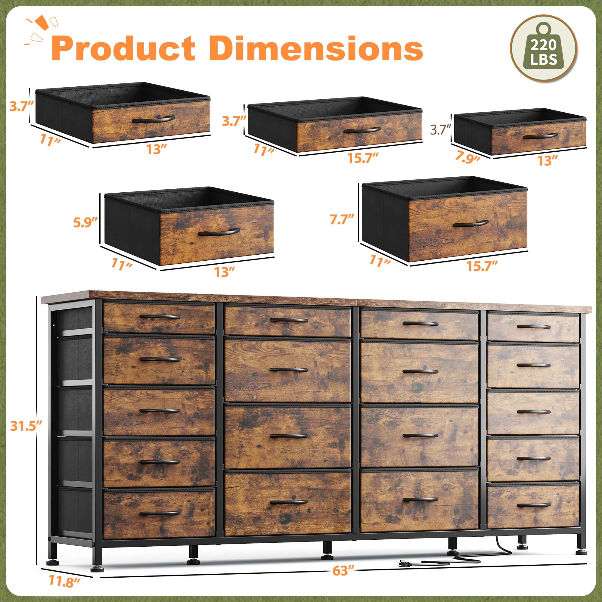 EnHomee 18-Drawer Long Fabric Dresser – 63" TV Stand with LED Lights & Power Outlets, Fits 65–75" Screens – For Bedroom, Living Room, Entryway, Hallway, Closet