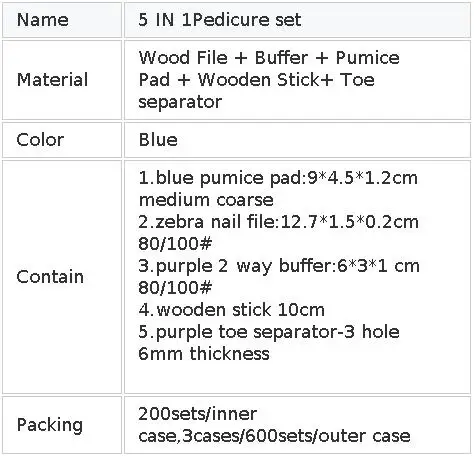 600 Sets/Carton Disposable Pedicure Sets 5Pcs Disposal Pedicura Kit With Cuticle Wood Stickfor Professional Nail Salon Tools