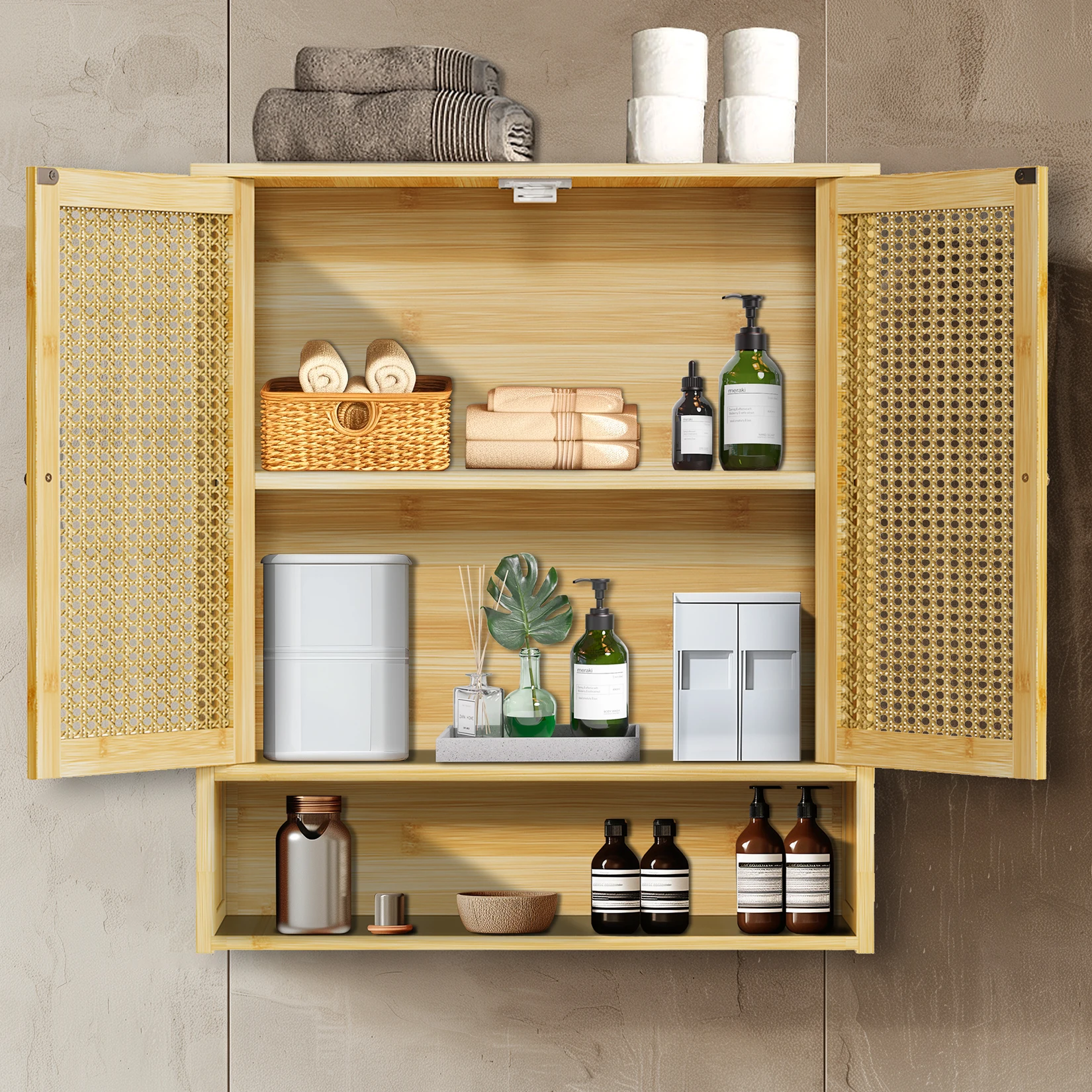Wooden Storage Cupboard Wall Mounted Medicine Cabinet Unit Kitchen Shelf with Wooden Storage Cupboard with 2 Rattan Doors