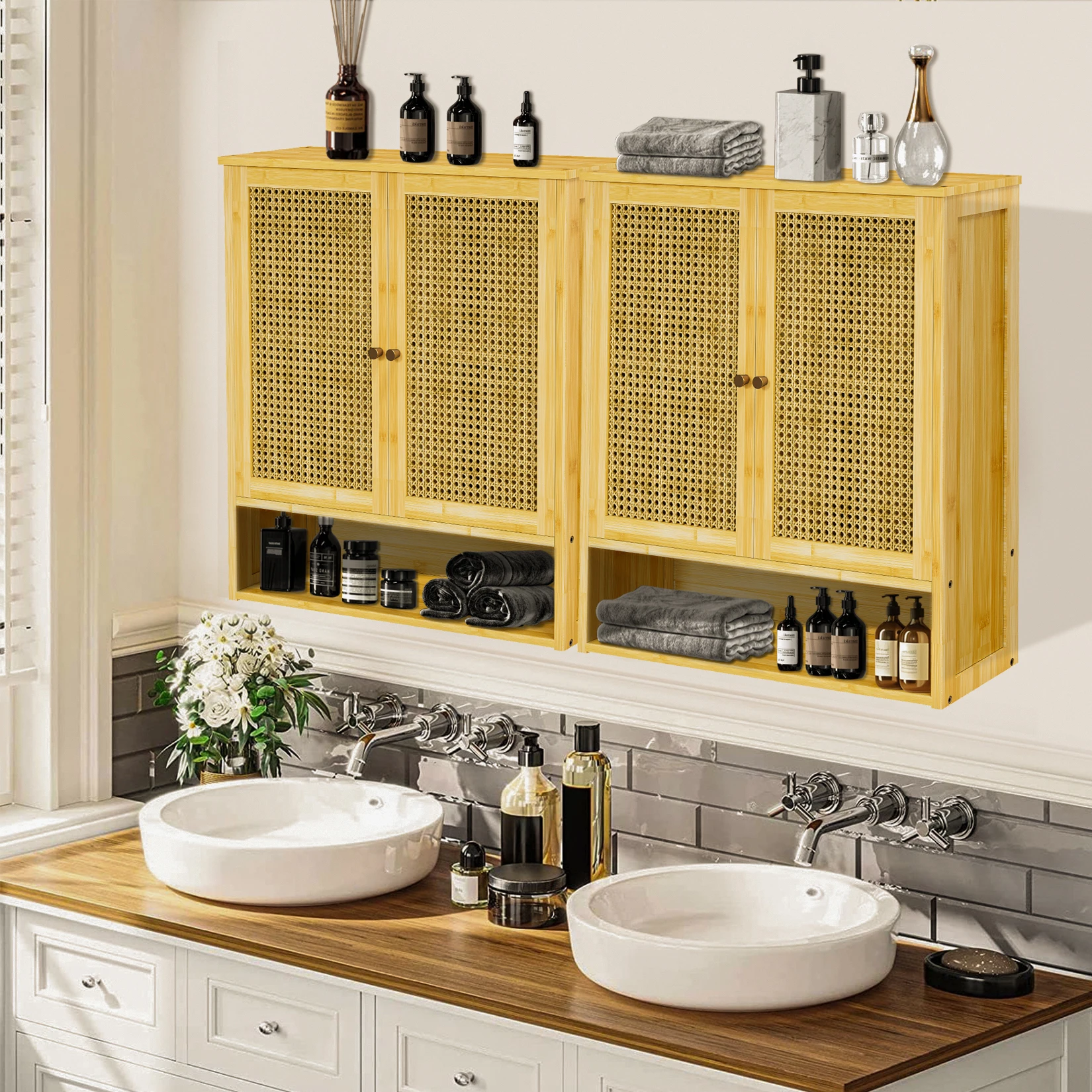 Wooden Storage Cupboard Wall Mounted Medicine Cabinet Unit Kitchen Shelf with Wooden Storage Cupboard with 2 Rattan Doors
