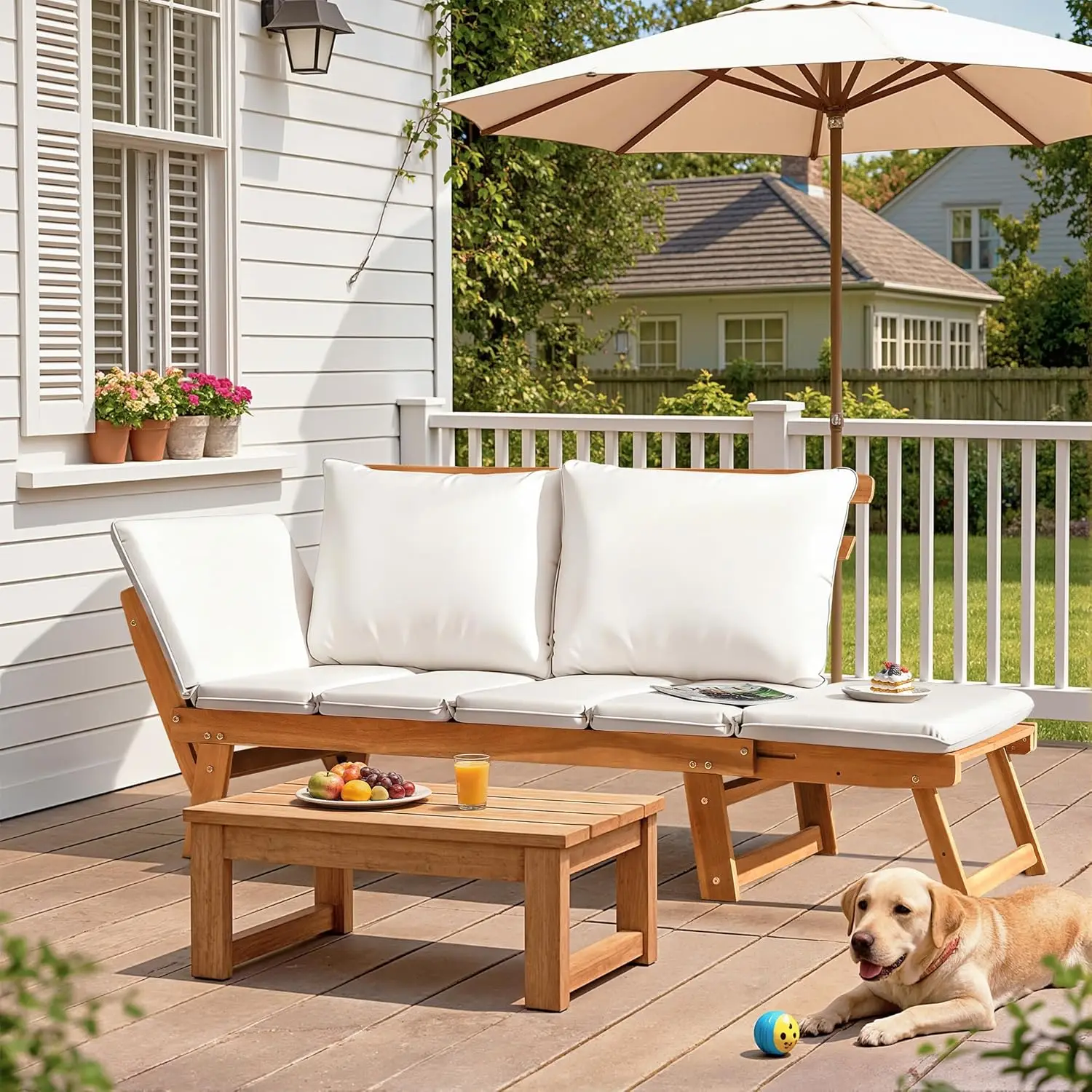 Adjustable Armrest Acacia Wood Outdoor Loveseat Soft Cushion Convertible Balcony Porch Backyard Furniture White Customized