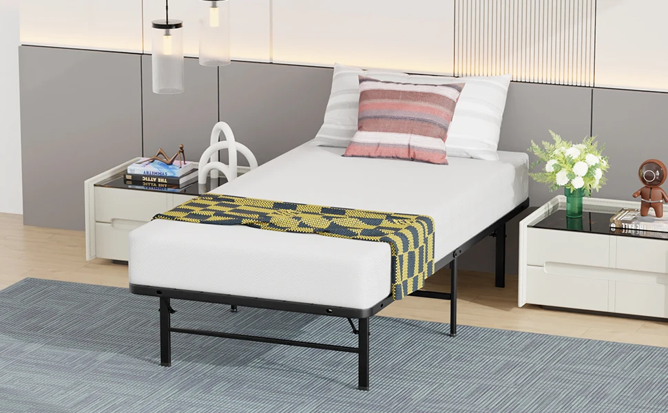 BestMassage Twin Metal Foldable Bed Frame Heavy Duty Steel Slats 6 Legs No Box Spring Easy Assembly Under-Bed Storage For Home
