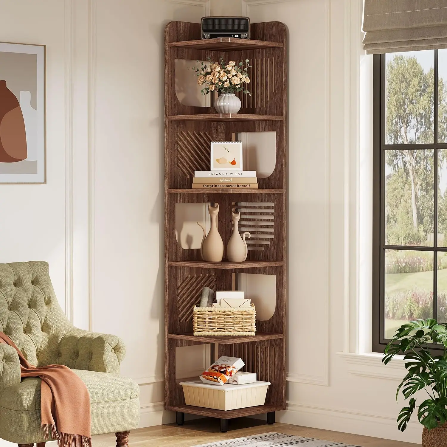 6-tier Corner Bookshelf, 71-inch Country-style Narrow Corner Bookshelf with Square Shelves,Corner Bookshelf, Customizable.