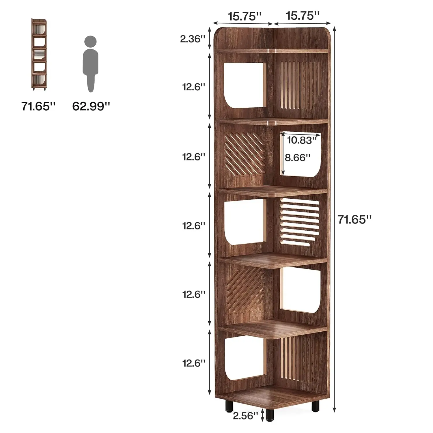 6-tier Corner Bookshelf, 71-inch Country-style Narrow Corner Bookshelf with Square Shelves,Corner Bookshelf, Customizable.