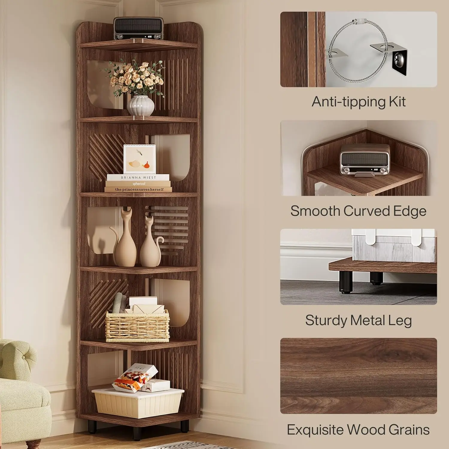 6-tier Corner Bookshelf, 71-inch Country-style Narrow Corner Bookshelf with Square Shelves,Corner Bookshelf, Customizable.