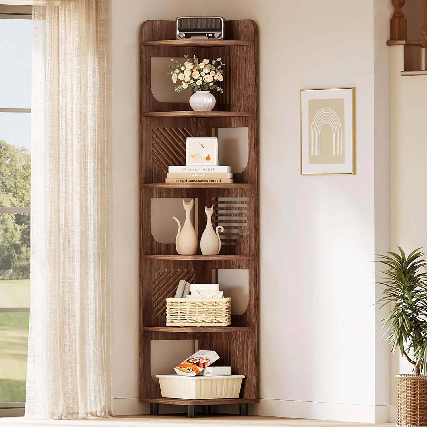 6-tier Corner Bookshelf, 71-inch Country-style Narrow Corner Bookshelf with Square Shelves,Corner Bookshelf, Customizable.