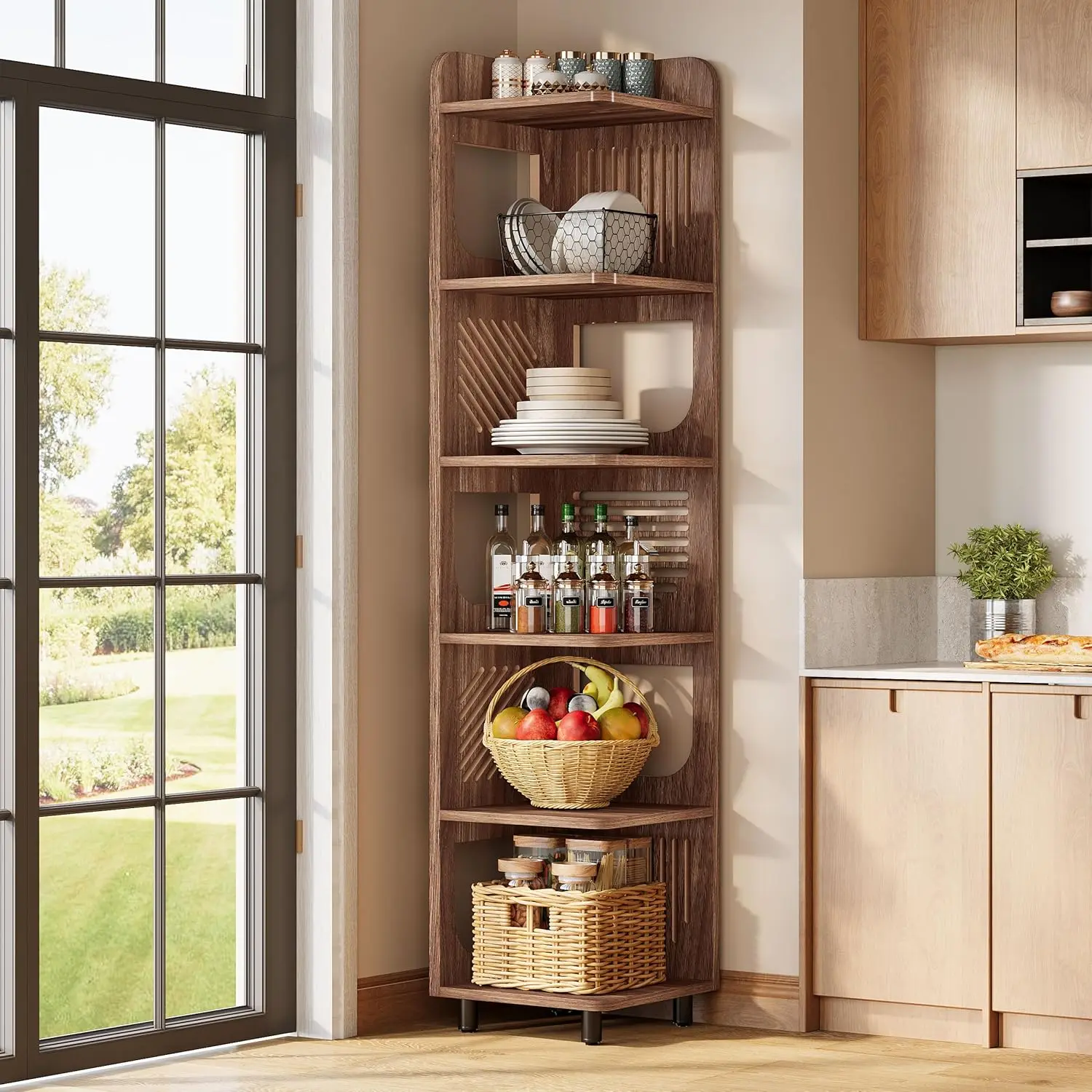 6-tier Corner Bookshelf, 71-inch Country-style Narrow Corner Bookshelf with Square Shelves,Corner Bookshelf, Customizable.
